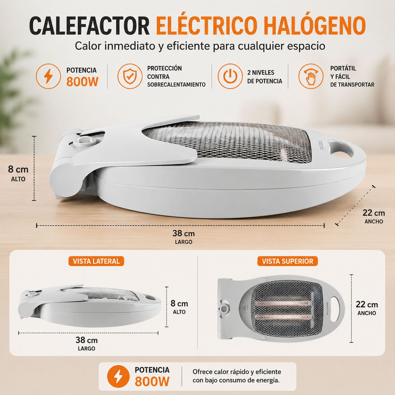 Calefactor El&eacute;ctrico Hal&oacute;geno Port&aacute;til Estufa 800w Rejilla image number 5.0