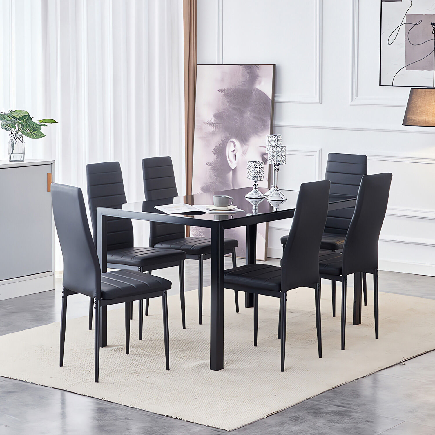 Comedor Mesa Vidrio 80x75x150 6 Sillas Pu Negro image number 5.0