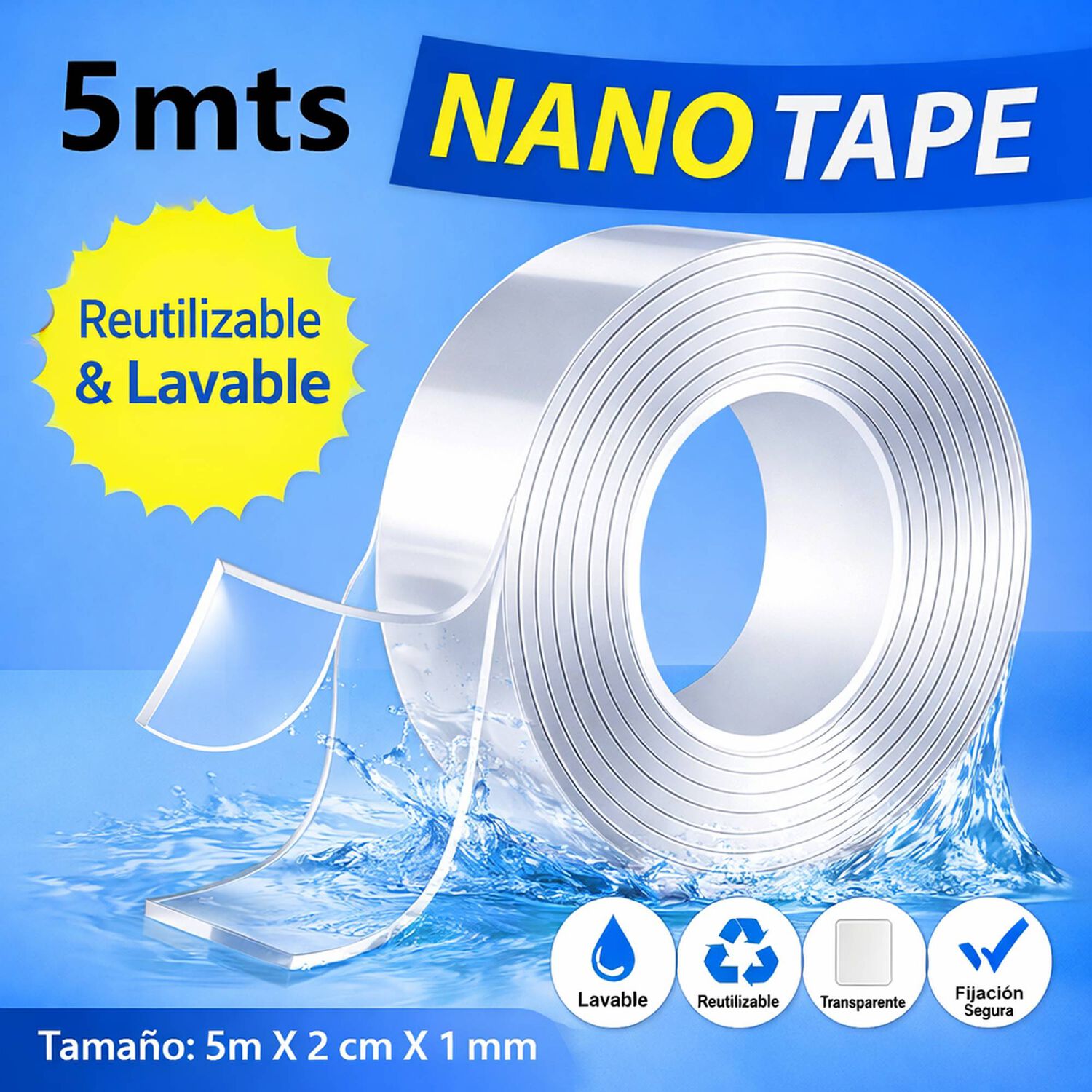 Cinta Nano Adhesiva Doble Cara Lavable Reutilizable 5m image number 3.0
