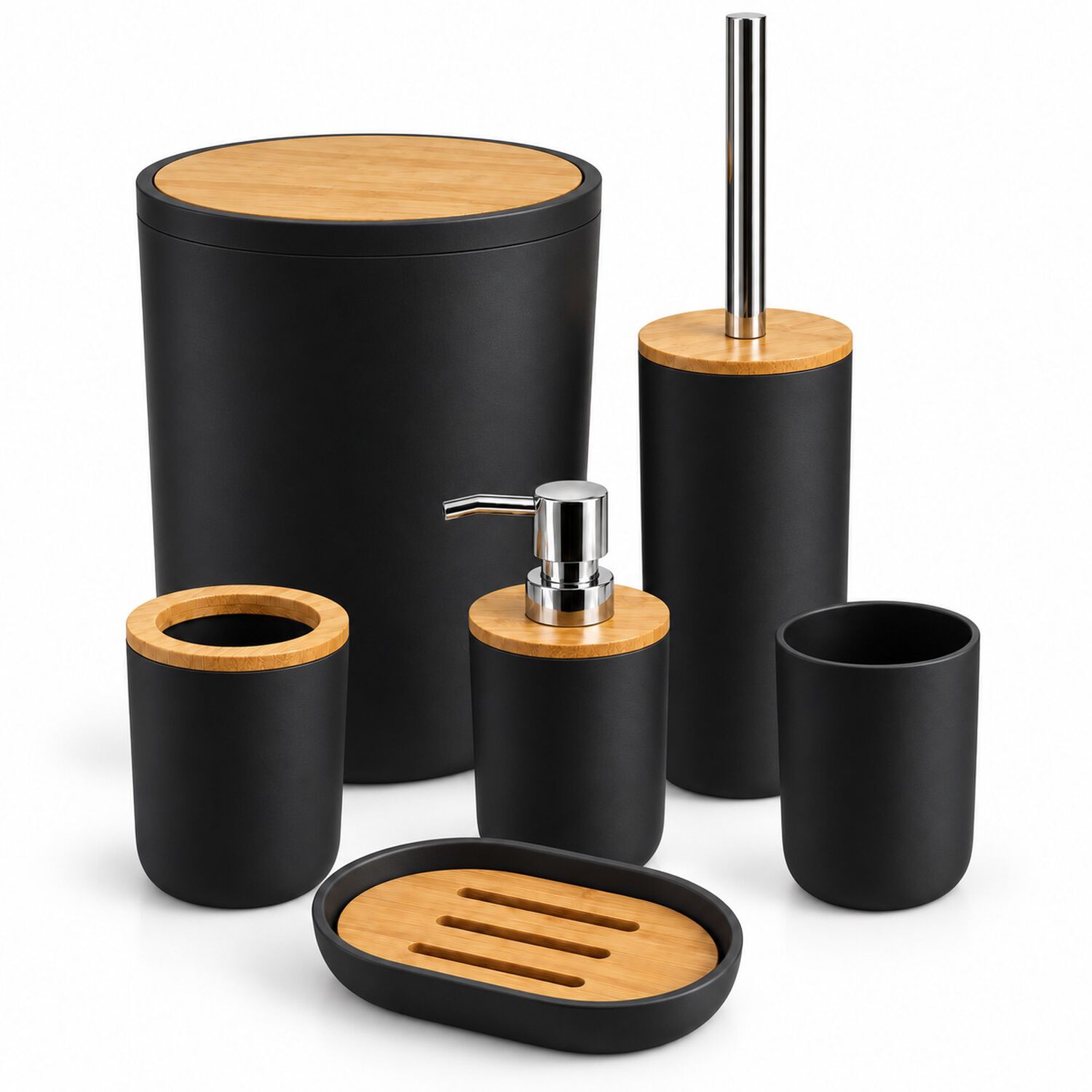 Set De Ba&ntilde;o 6 Piezas Moderno Con Bamb&uacute; Incluye Basurero Y Dispensador Color Negro image number 2.0