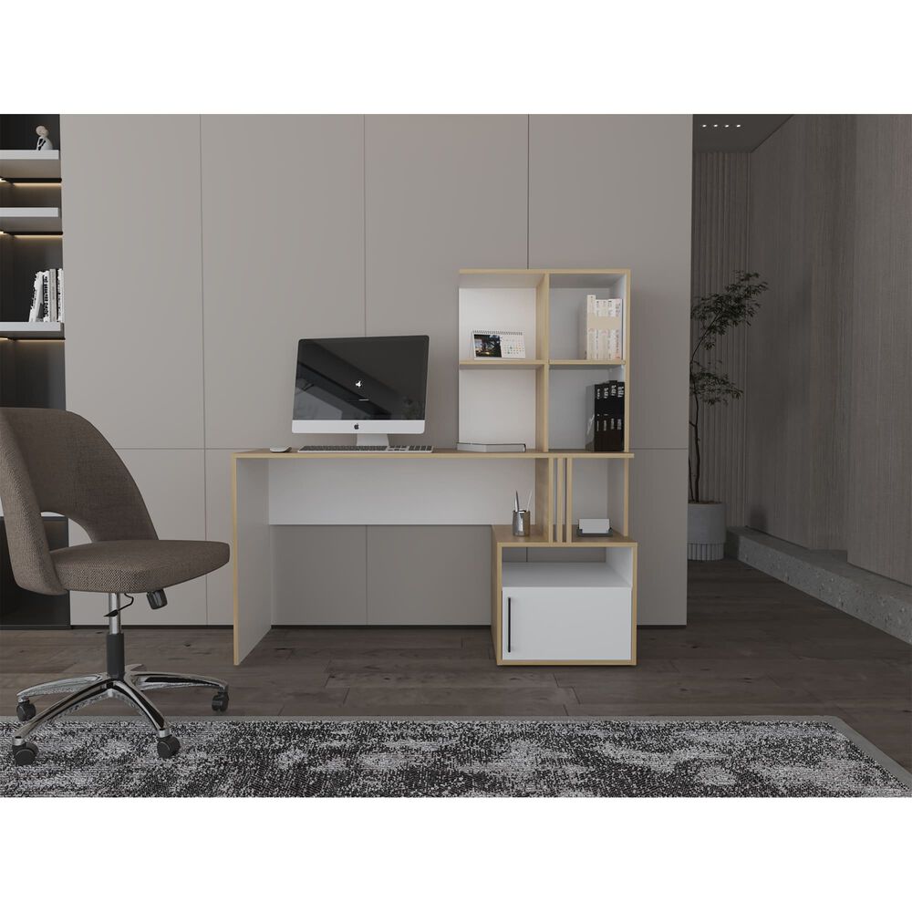 Escritorio Con Biblioteca Incorporada 1 Puerta 140 Cm Blanco Y Caf&eacute; Claro image number 4.0