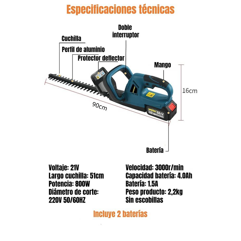 Cortasetos El&eacute;ctrico Inal&aacute;mbrico 18" 800w Con 2 Bater&iacute;as F03 image number 2.0