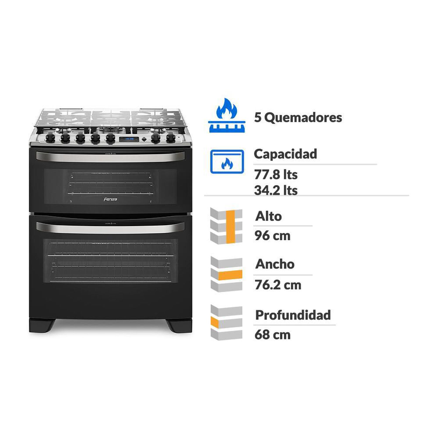 Cocina A Gas Fensa Doble Horno 76 Dbt Negra image number 3.0