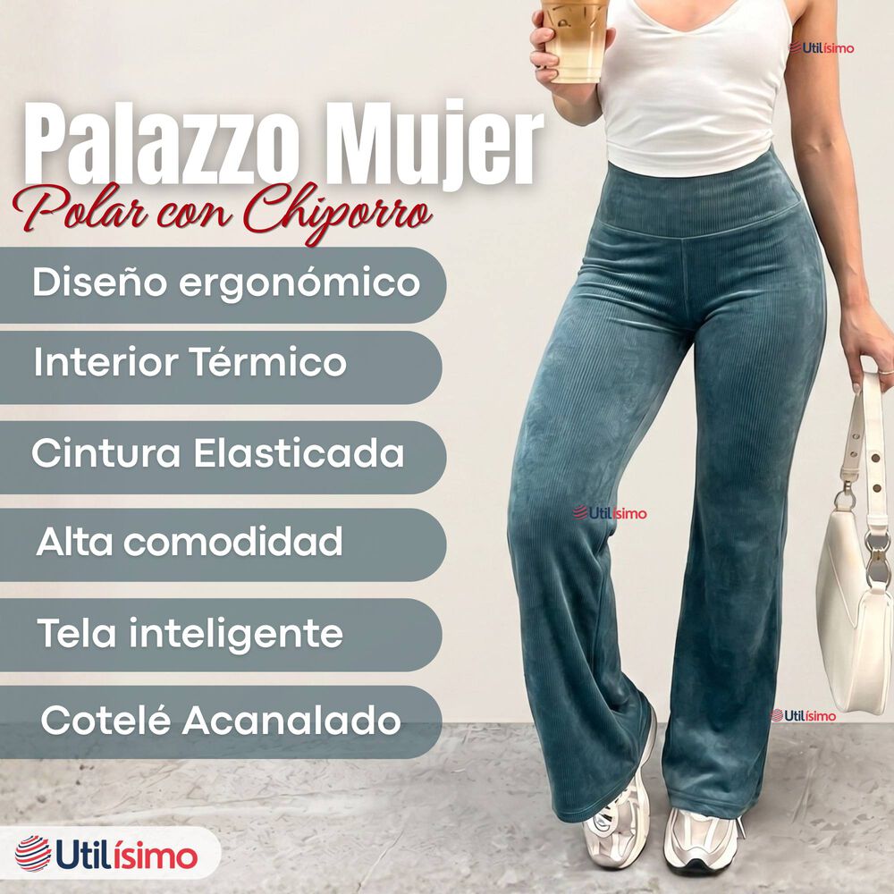 Pantal&oacute;n Cotel&eacute; Palazzo Polar Con Chiporro Elasticado T&eacute;rmico Verde Agua image number 2.0