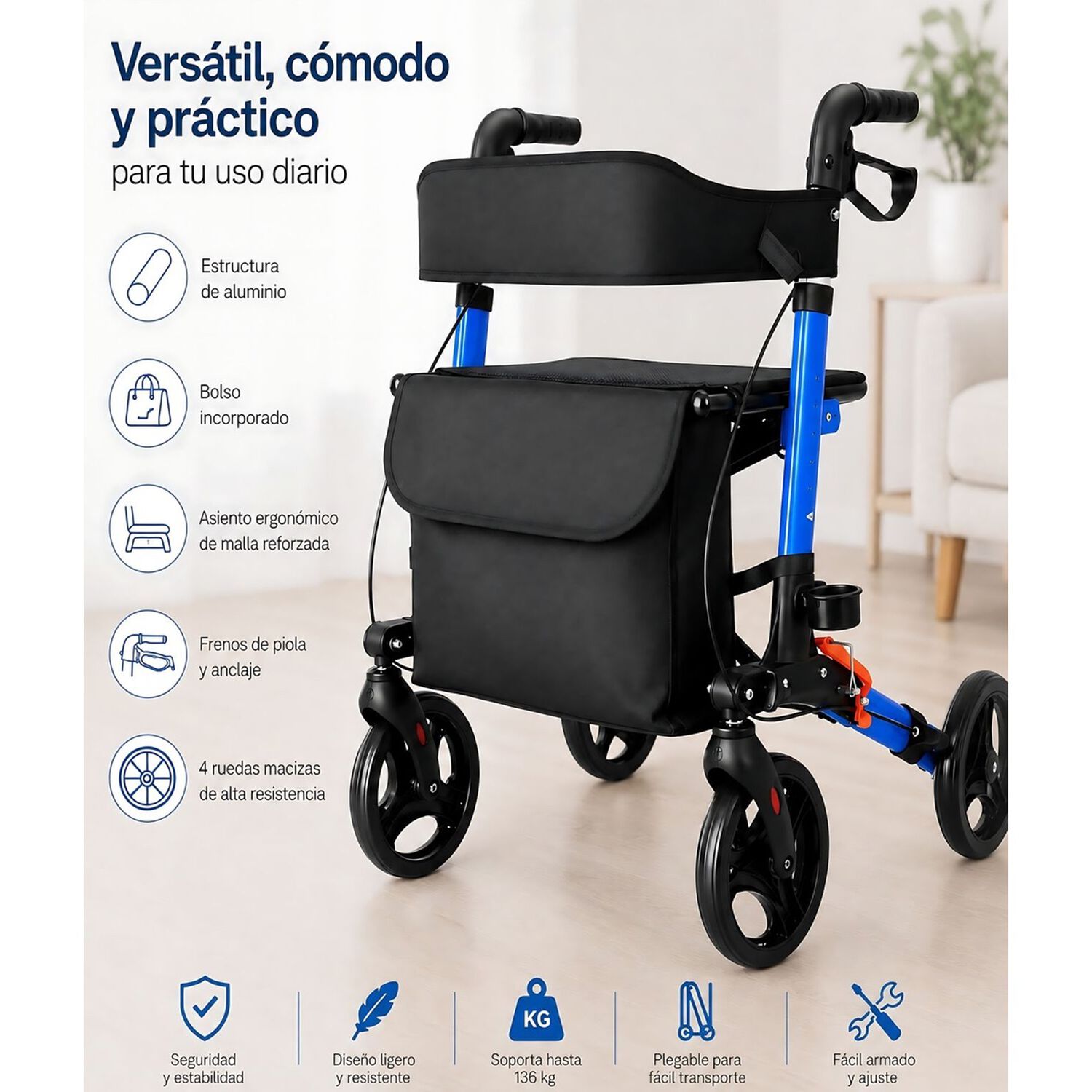 Andador Burrito Ortop&eacute;dico Adulto Mayor 4 Ruedas Con Asiento Frenos Y Bolso Plegable Aluminio 1002b image number 6.0