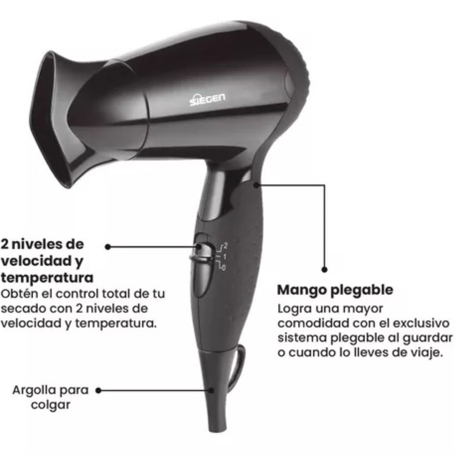 Secador De Pelo Siegen Lets Go Travel Negro Sg3005 1200watts image number 4.0