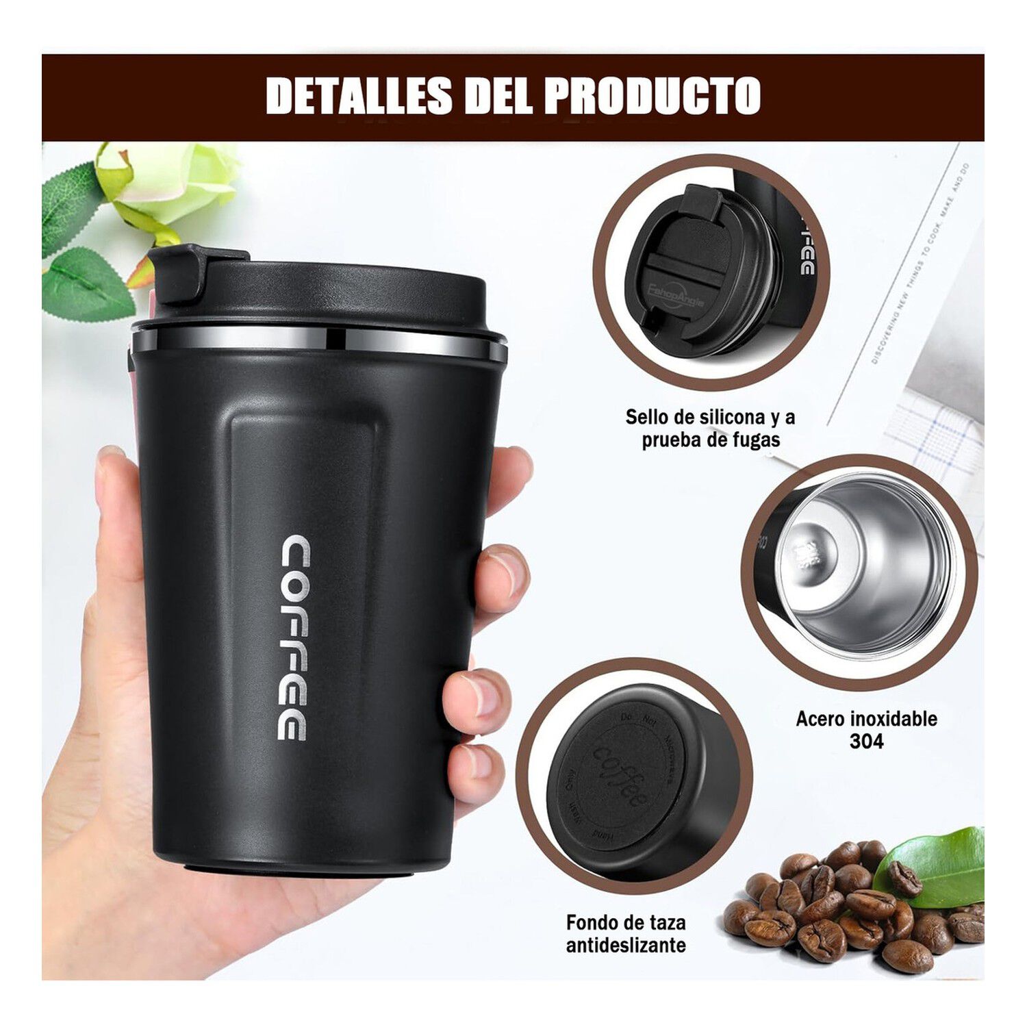 Termo Mug Caf&eacute; 380ml Acero Inoxidable Port&aacute;til Negro image number 1.0