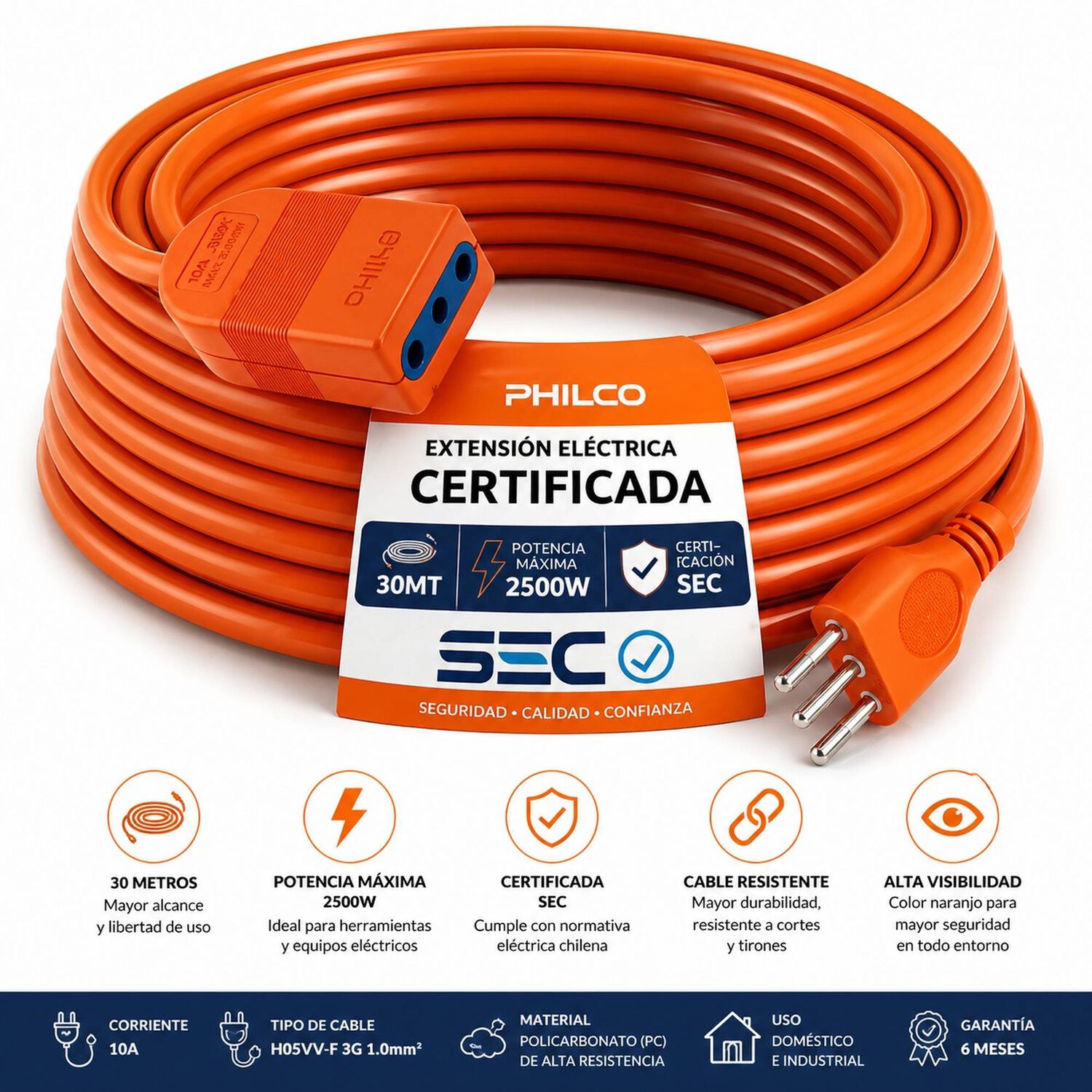 Extensi&oacute;n El&eacute;ctrica 30 Metros Sec Xt49 / 2500w / 10a Naranjo image number 2.0