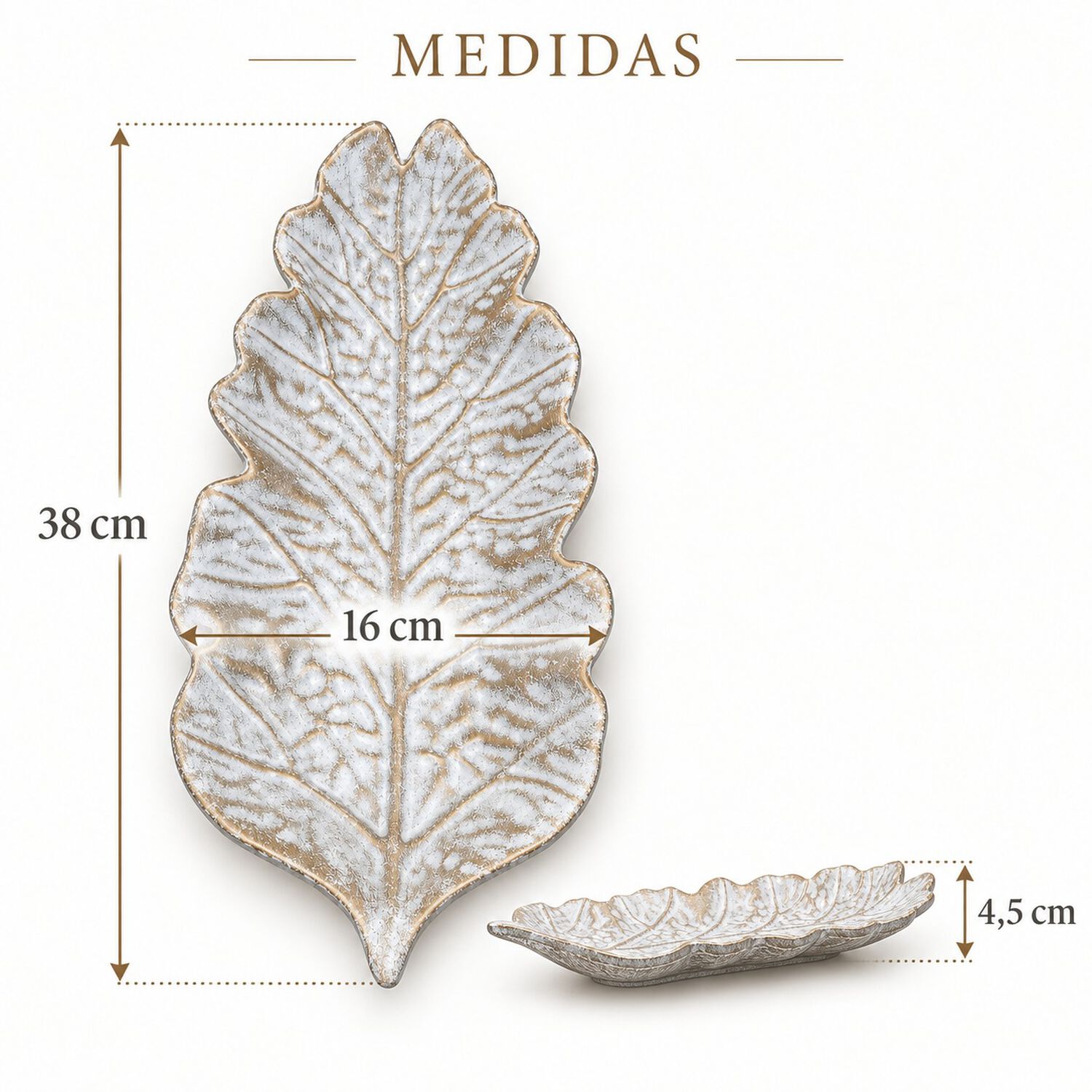 Bandeja Decorativa Forma Hoja Mdf Blanco Y Dorado 38 Cm image number 6.0