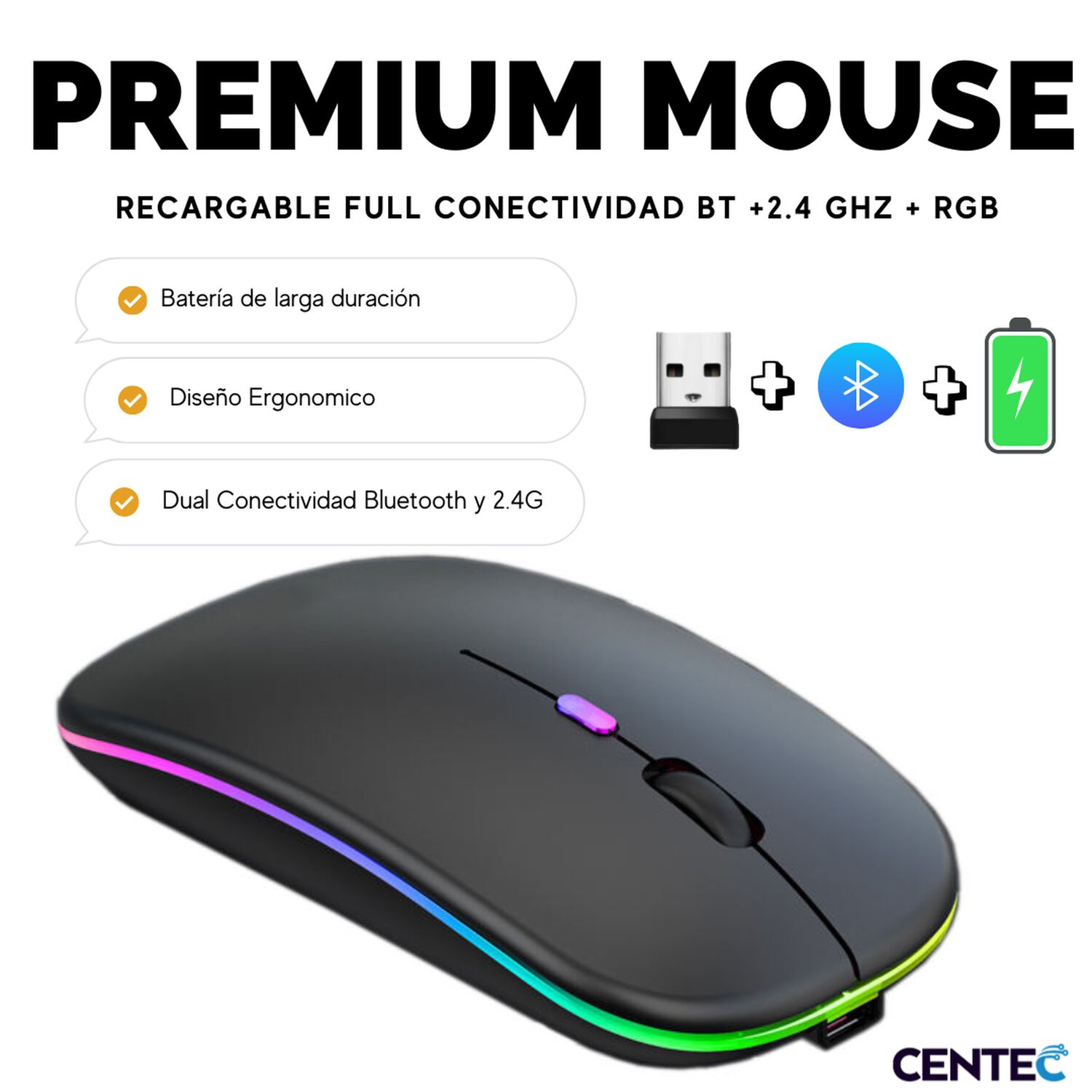 Mouse Inal&aacute;mbrico Dual Bluetooth + Usb 2g Recargable Rgb Bk image number 9.0