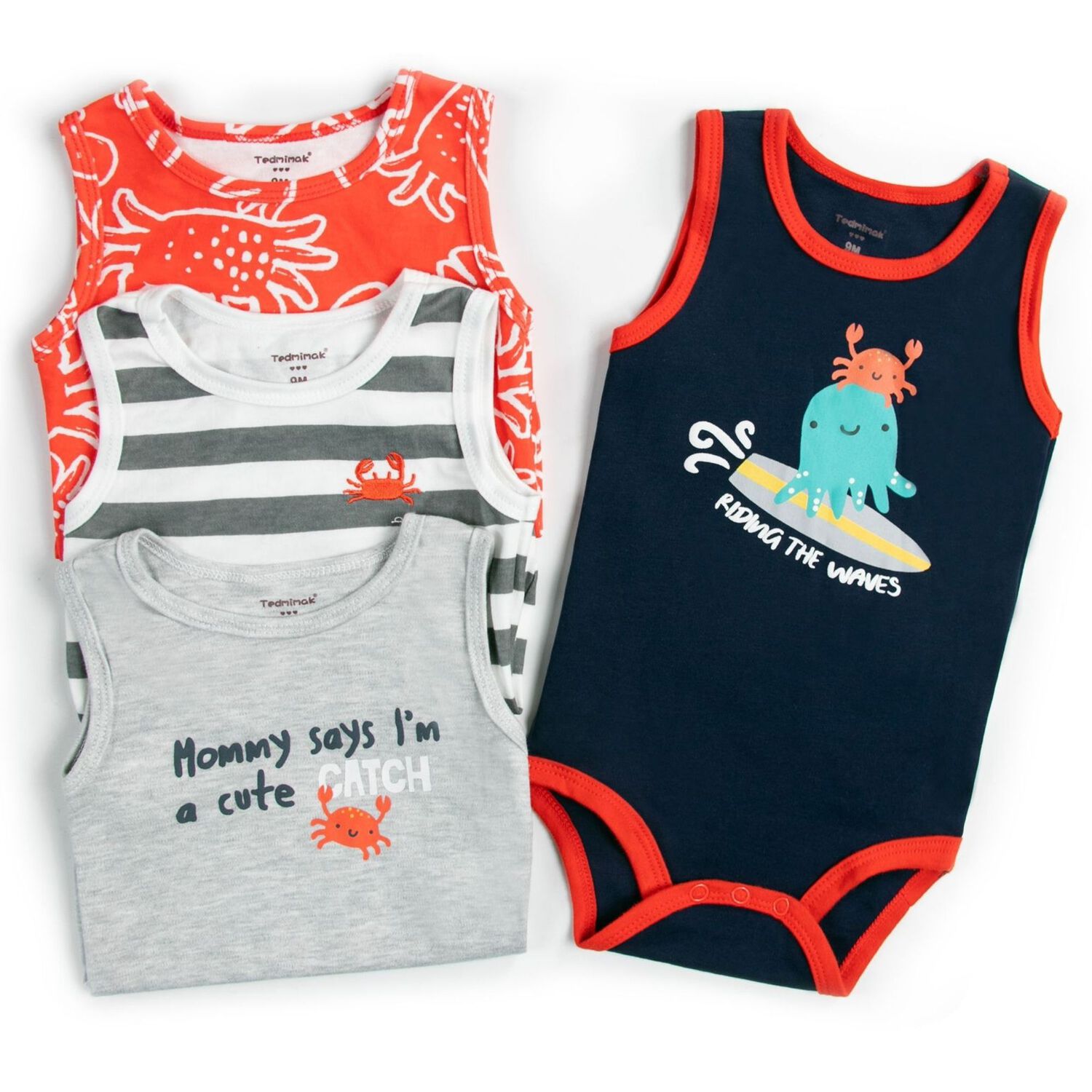 Pack 4 Bodys Ni&ntilde;o Sin Manga Corta Tedmimak 100% Algod&oacute;n Cangrejo Rojo image number 1.0