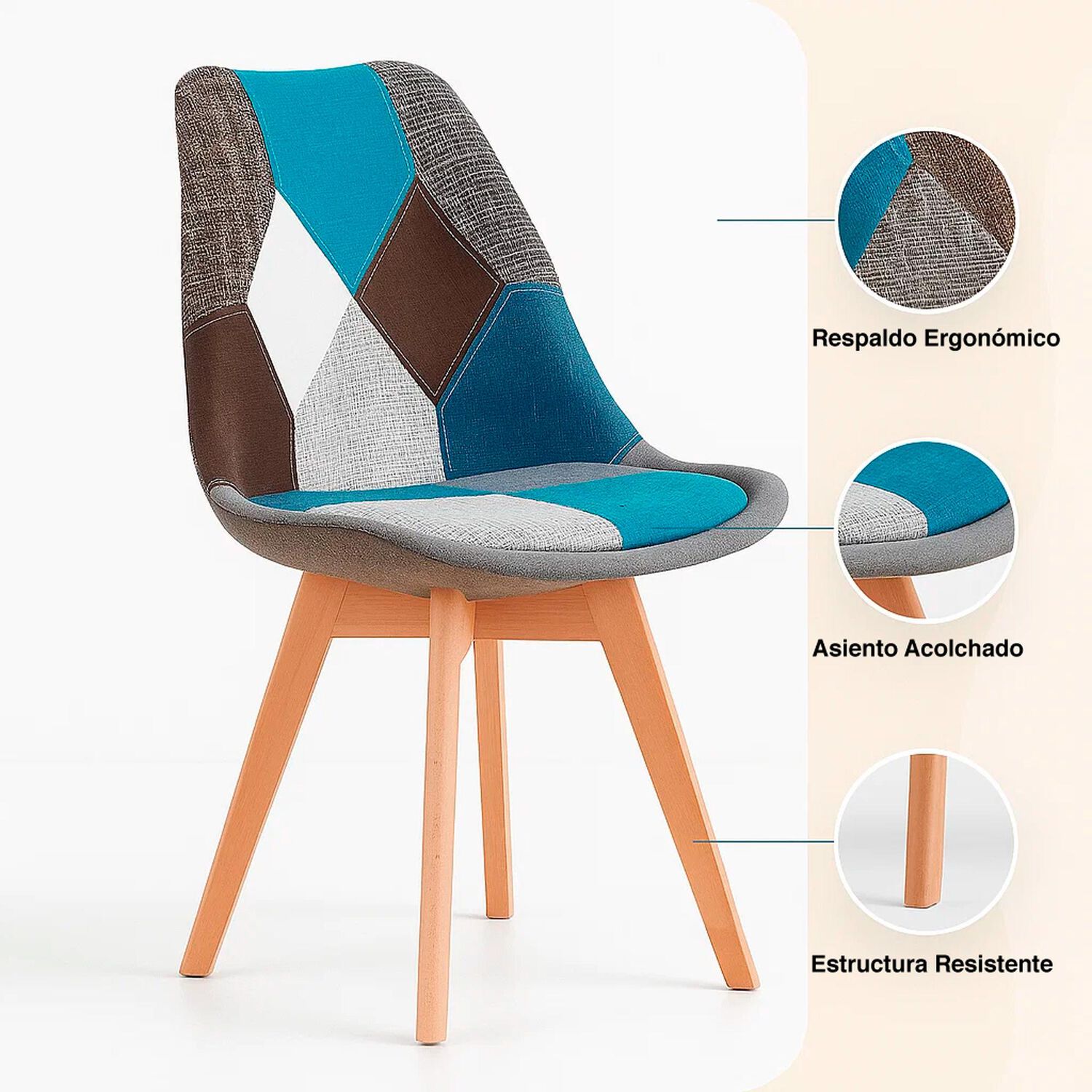 Silla Tulip Patchowork Acolchada Tela Wood - Celeste image number 9.0
