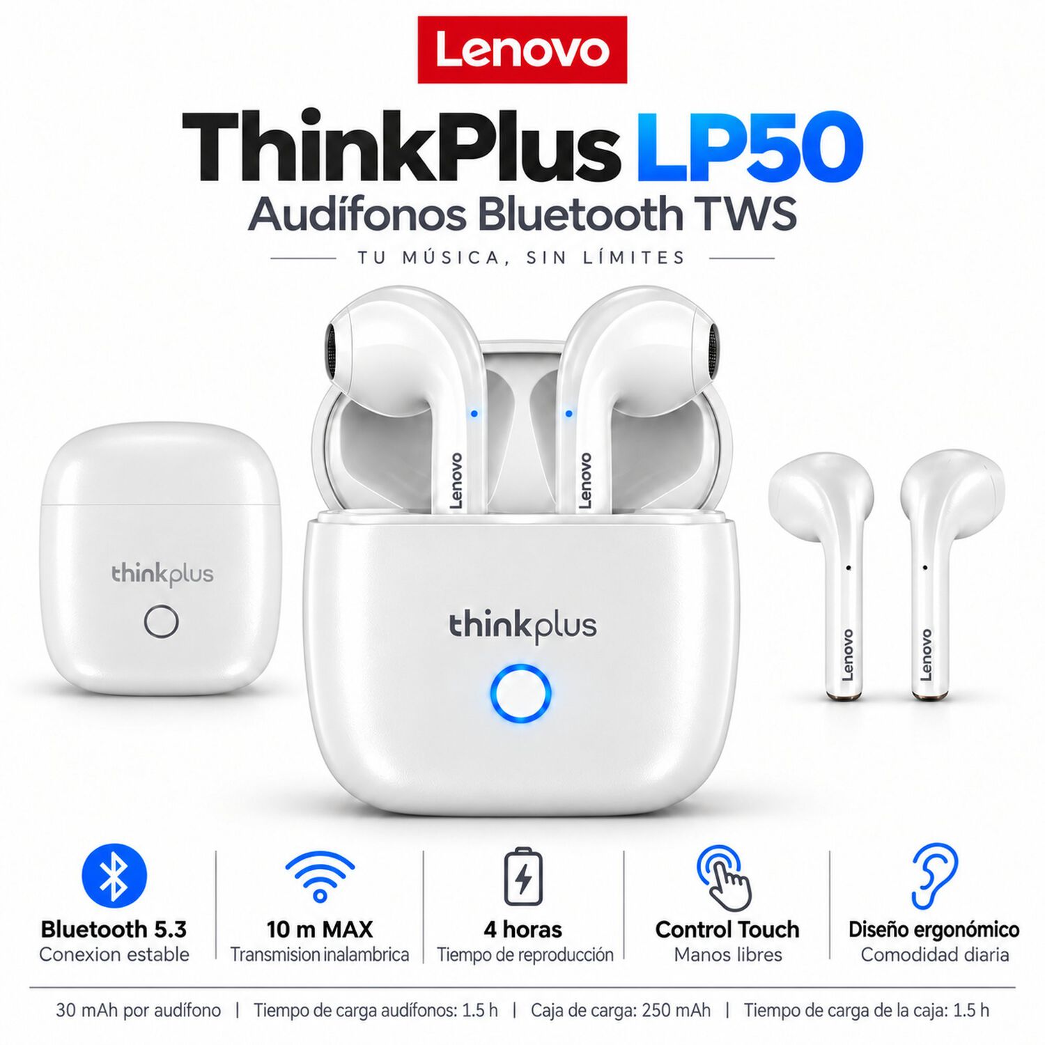Aud&iacute;fonos Bluetooth Tws Lenovo Thinkplus Livepods Lp50 Touch image number 6.0