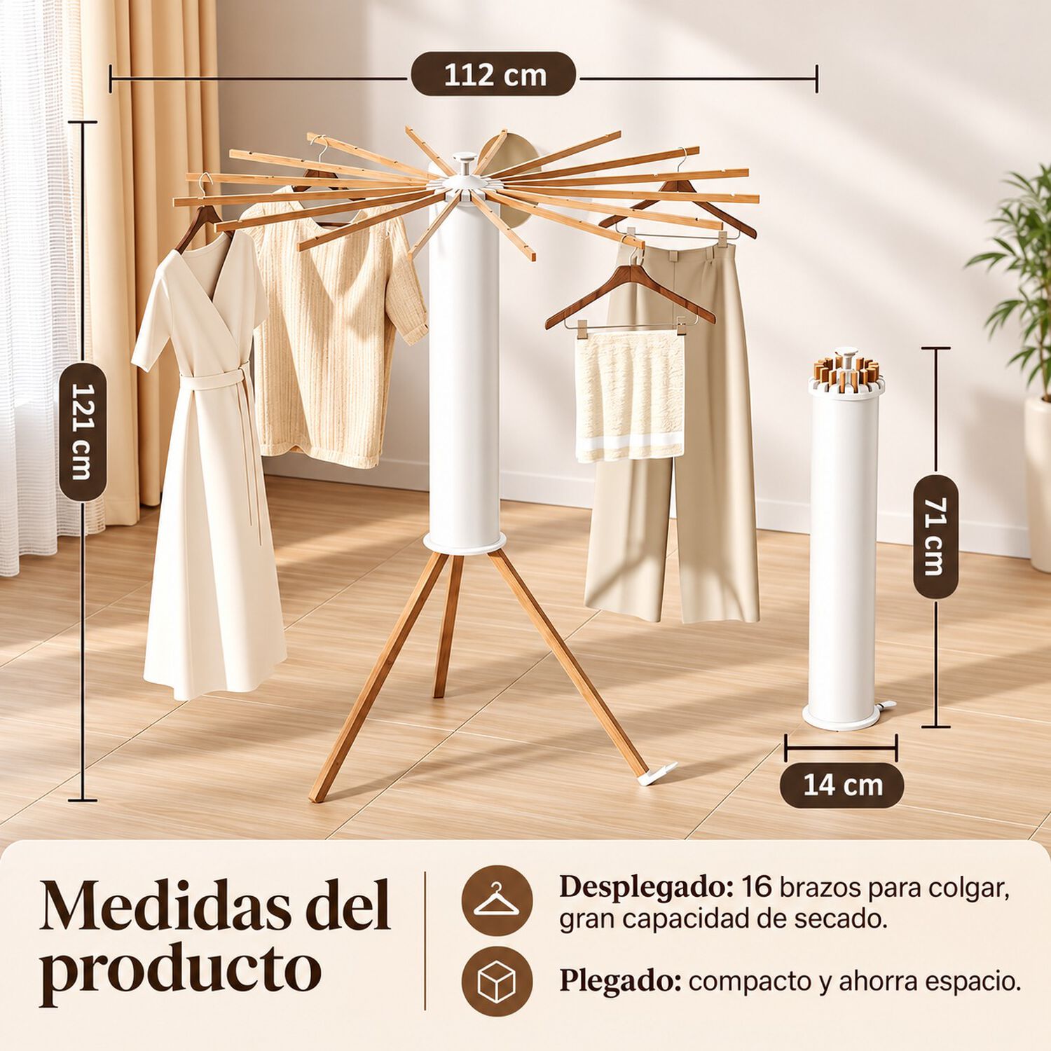 Tendedero Cilindrico Retr&aacute;ctil De Pie 16 Brazos Blanco Y Madera image number 6.0