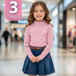 Pack 3 Poleras Camisetas Bamb&uacute; Cuello Beatle Primera Capa Rosado Claro Manga Larga Ni&ntilde;a
