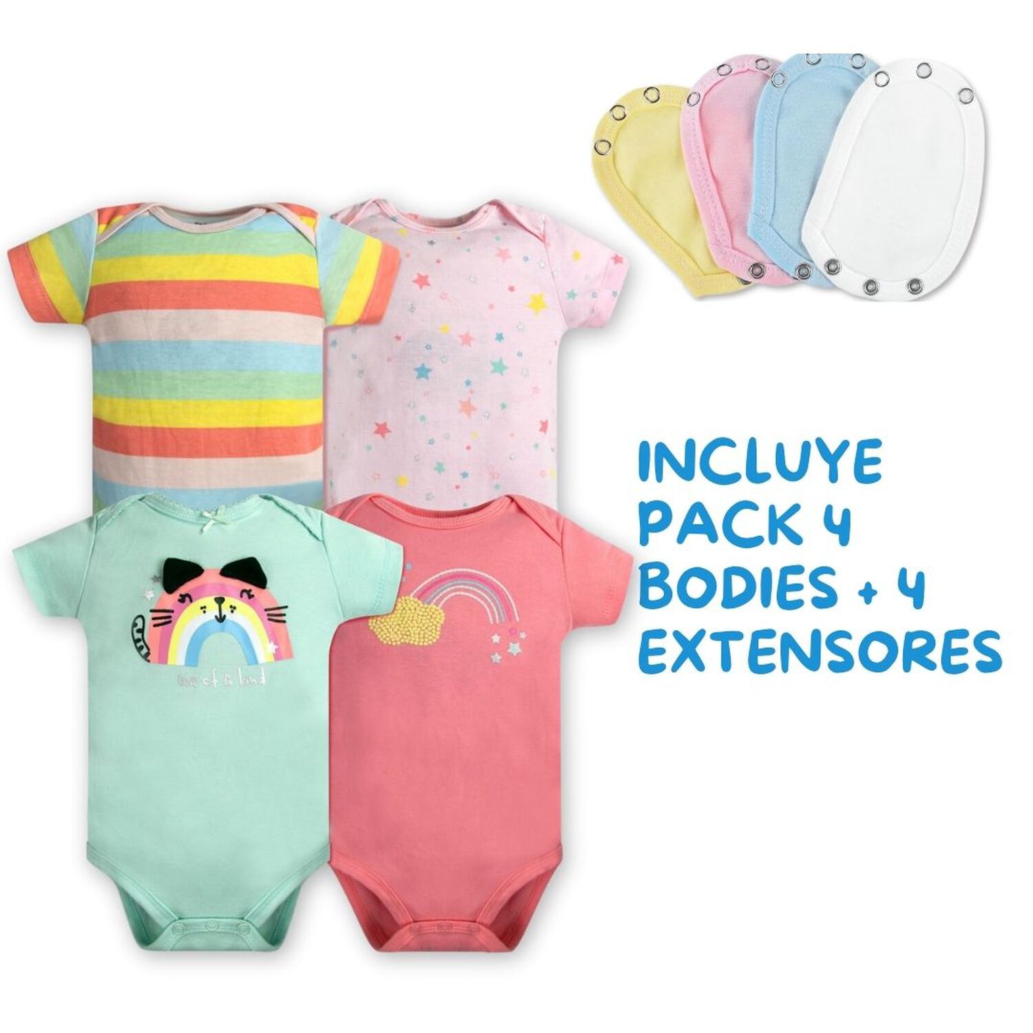 Pack 4 Unidades Extensor Body Beb&eacute; +pack 4 Bodys Algod&oacute;n Ni&ntilde;a Manga Corta Arcoiris image number 1.0