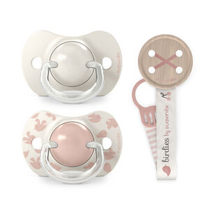 Pack Chupetes + Broche Birdies Rosa 6-18m