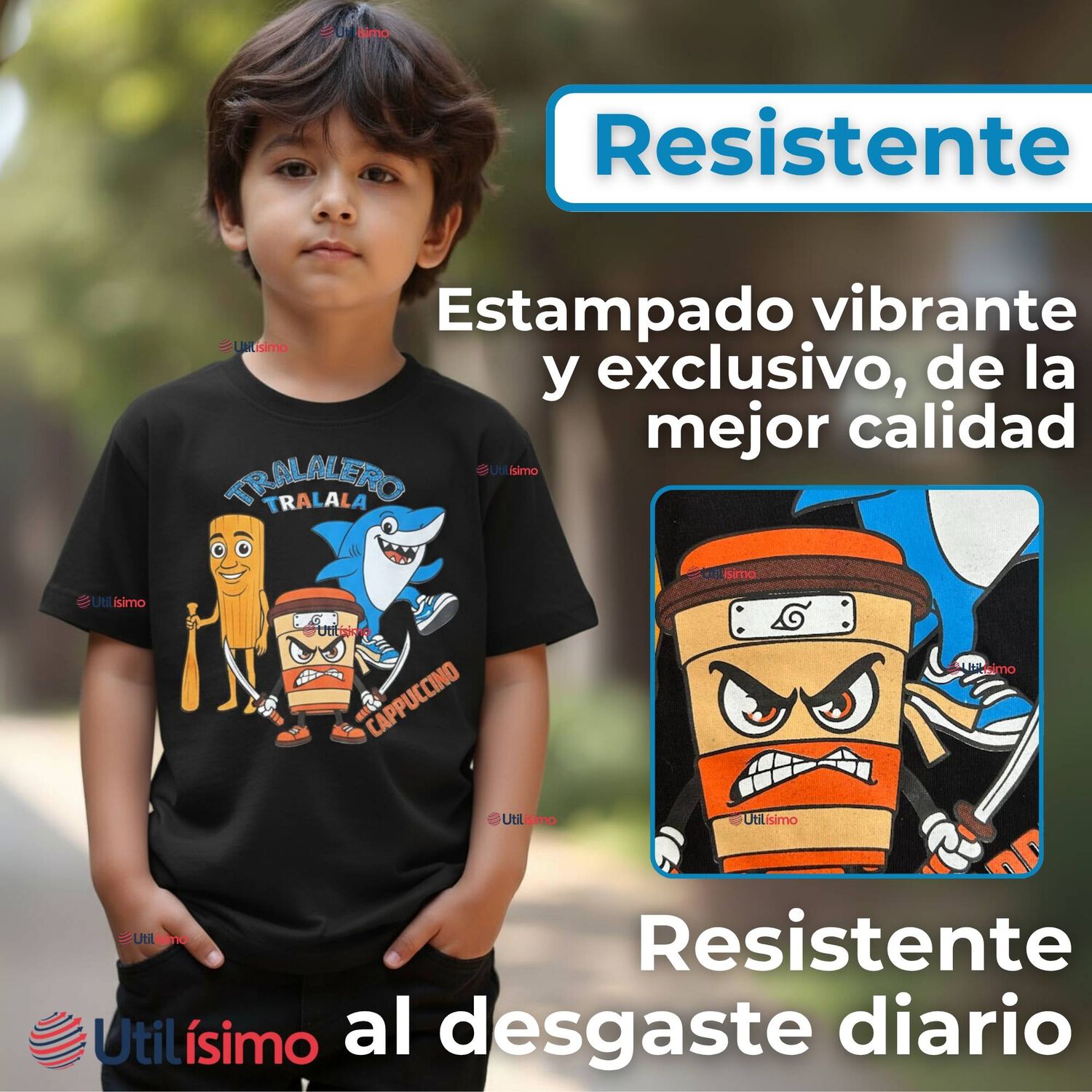 Polera Brainrots 100% Algod&oacute;n Manga Corta Ni&ntilde;o Tralalero Negro image number 3.0