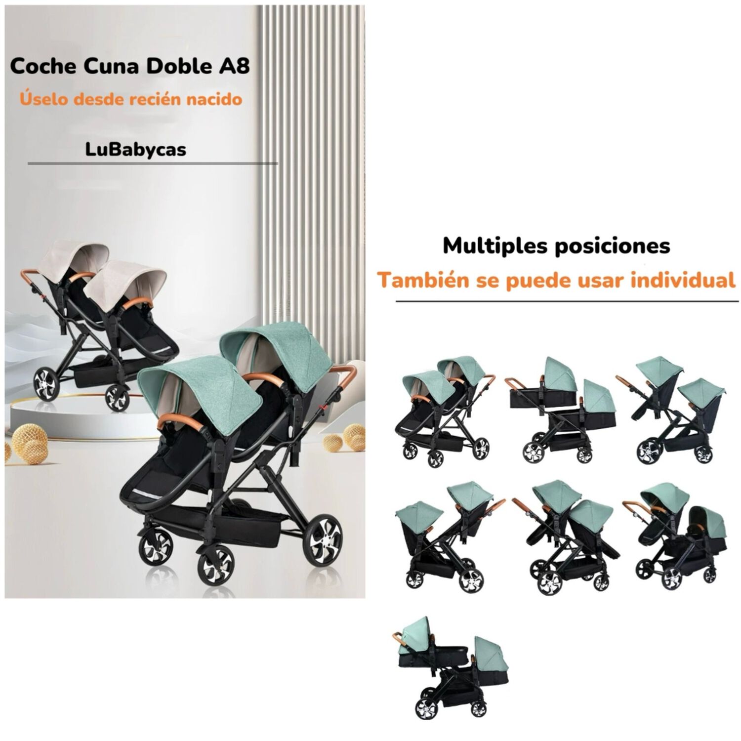 Coche Cuna Doble Multiposiciones Compacto A8 Negro Lubabycas image number 5.0