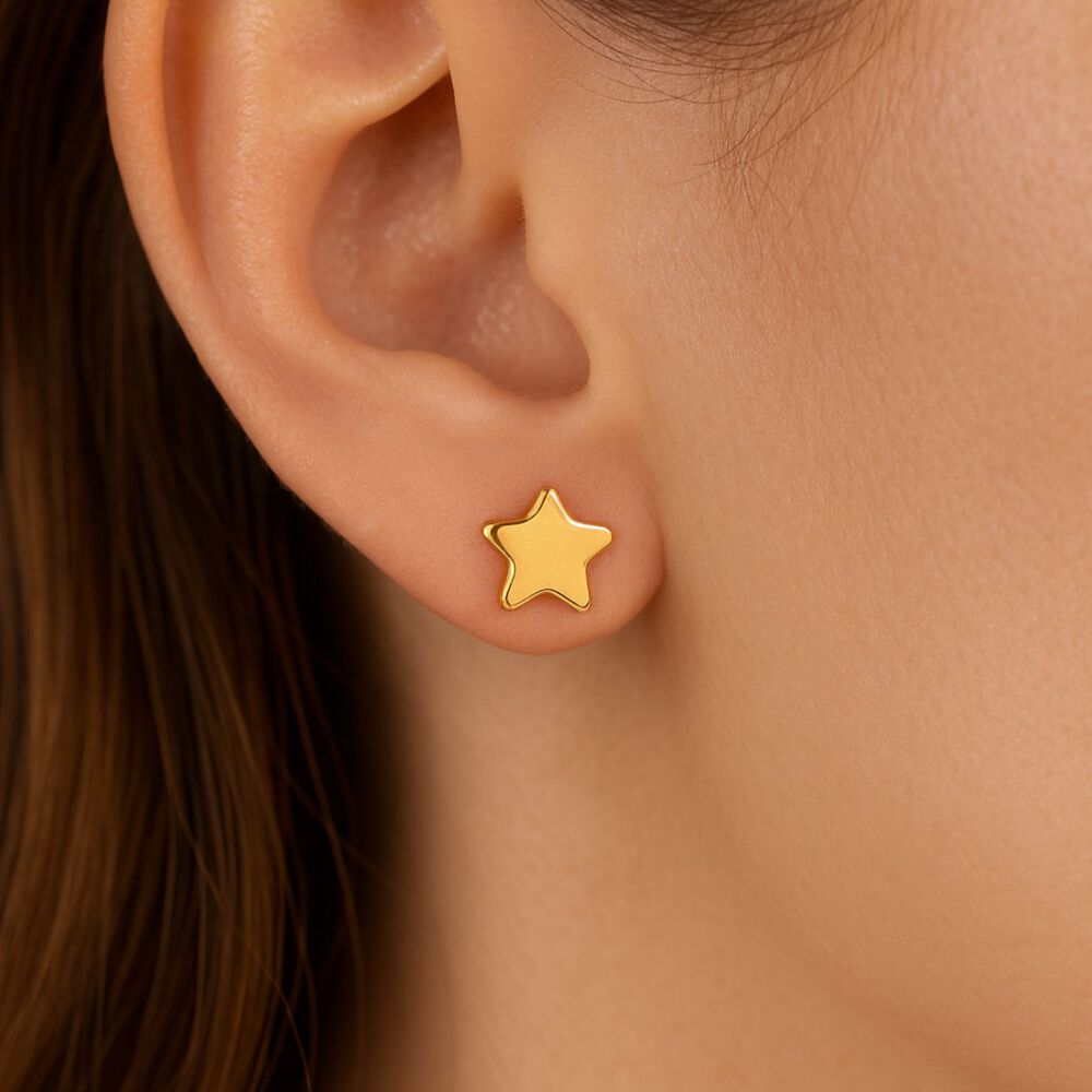 Aros Abridores Estrella Lisa 6mm Oro 18k A Presi&oacute;n Beb&eacute; Ni&ntilde;a Mujer Segundo Hoyo image number 2.0