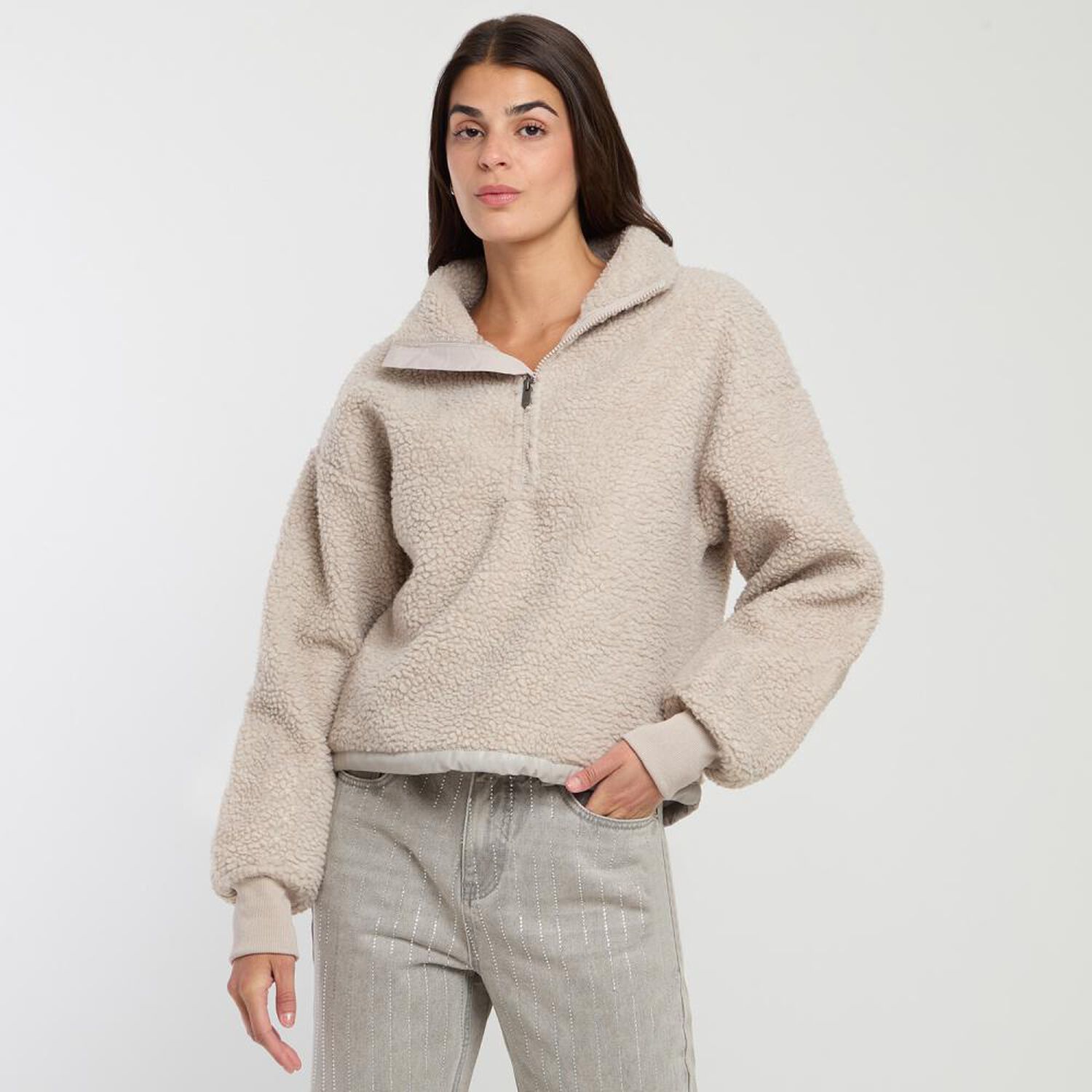 Chaqueta Micropolar Aplicaci&oacute;n Ecocuero Cuello Alto Mujer Rolly Go image number 0.0