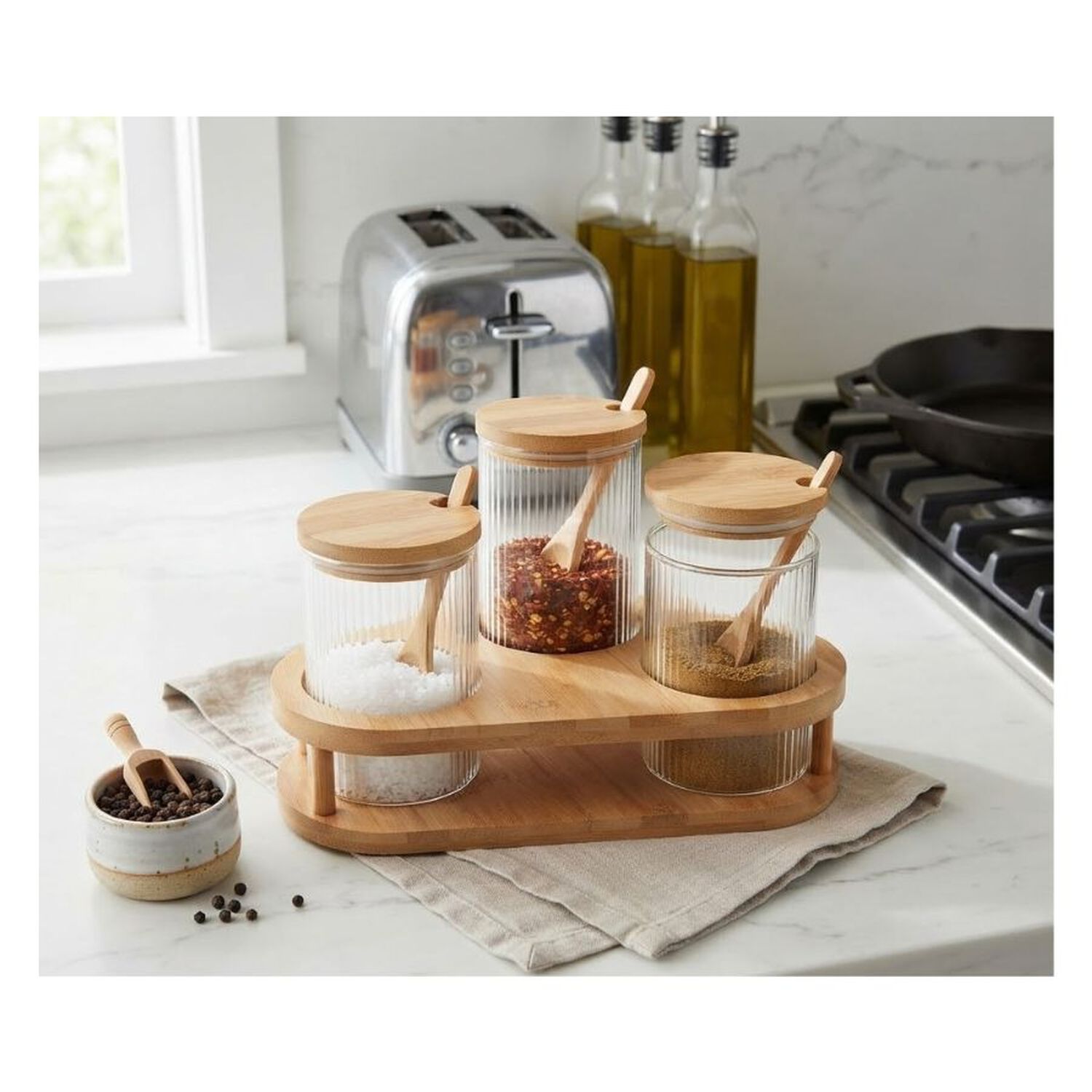 Organizador Cocina 3 Frascos Condimenteros Vidrio Bamb&uacute; Cucharas image number 2.0