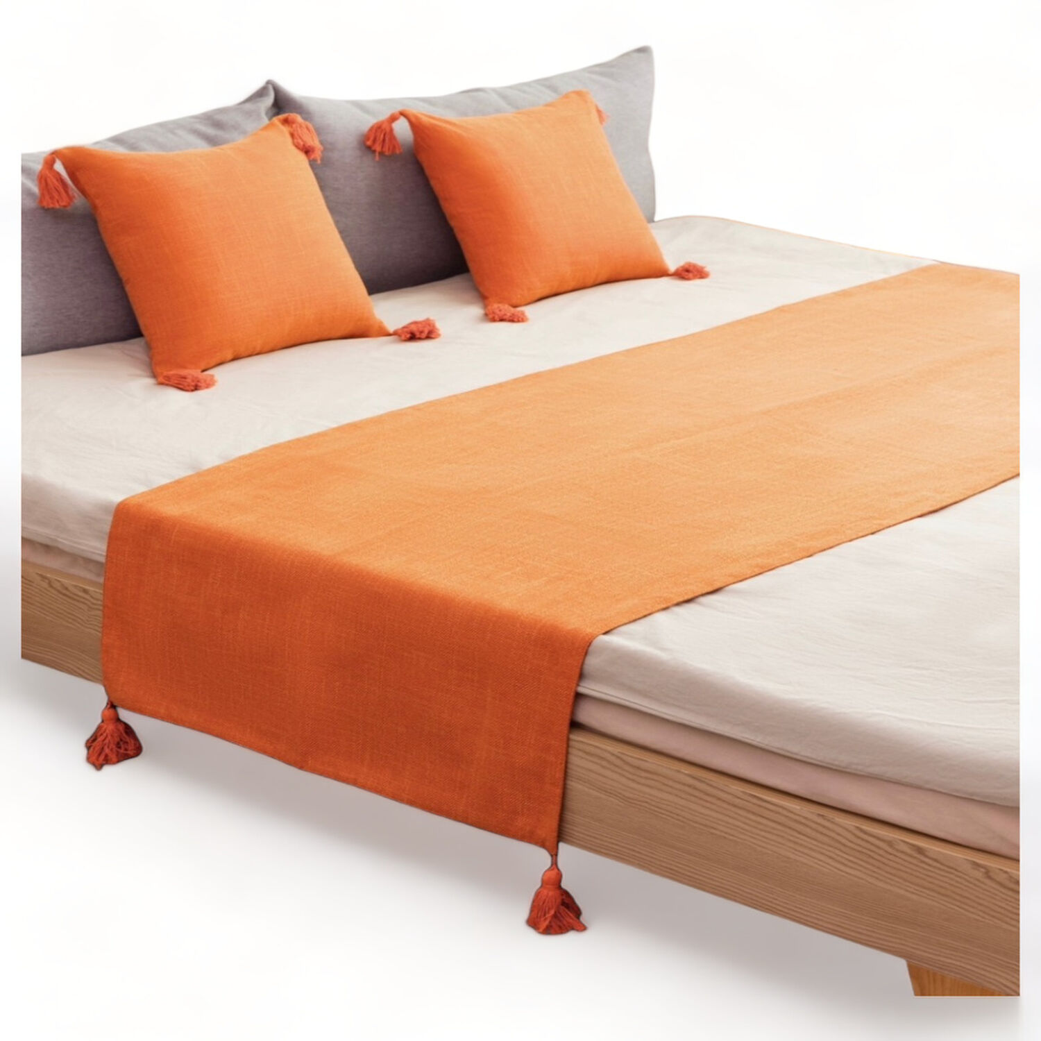 Pie De Cama En Lino 210cm X 70cm + 2 Fundas 45cm X 45xm Para Cama 2 Plaza O King Color Naranja image number 0.0