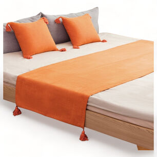 Pie De Cama En Lino 210cm X 70cm + 2 Fundas 45cm X 45xm Para Cama 2 Plaza O King Color Naranja