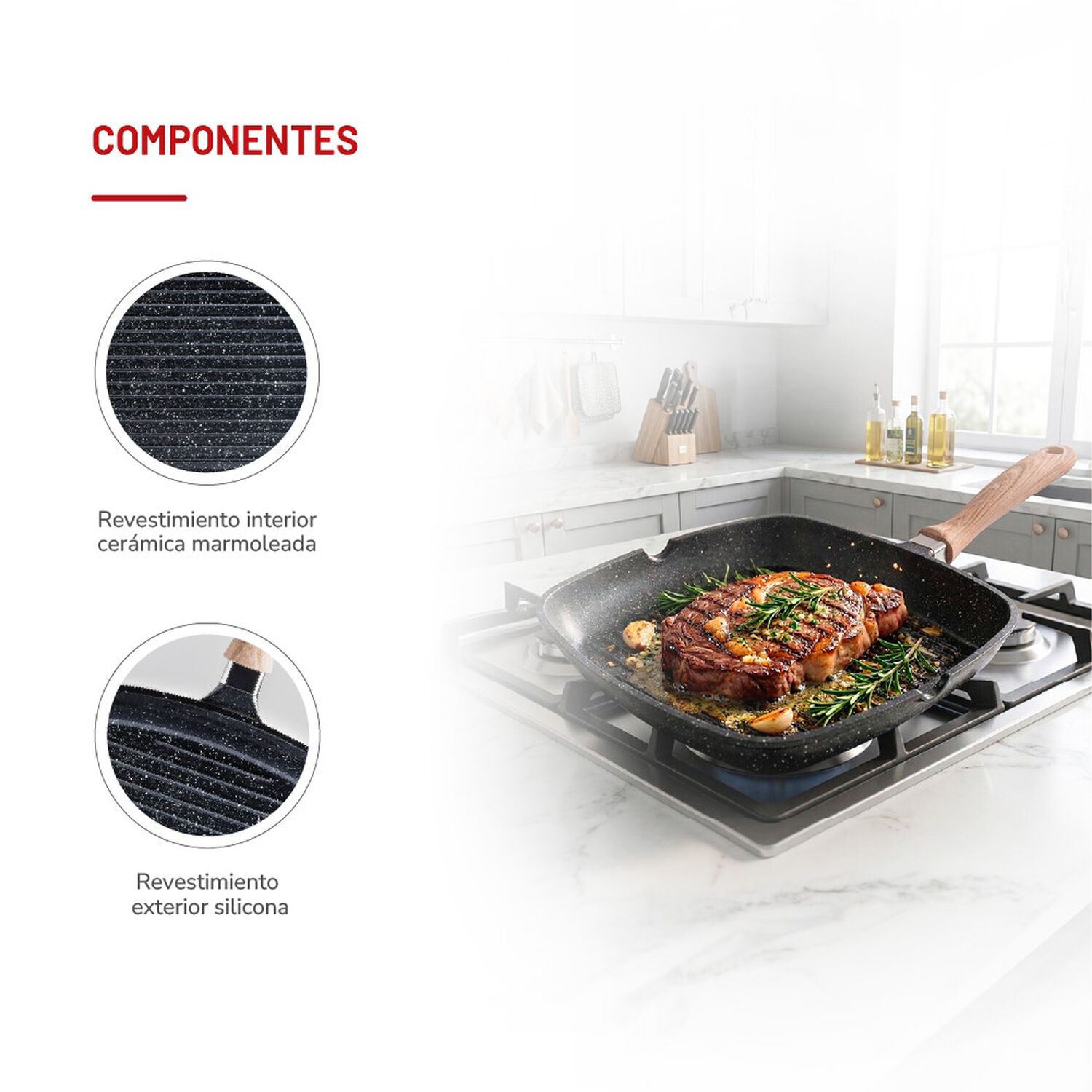 Sart&eacute;n Grill Thomas Thms28nm 28 Cm Cuadrado Aluminio Fundido Plancha Parrilla Asador Antiadherente Cer&aacute;mico Marmoleado Apto Inducci&oacute;n Mango Color Made image number 5.0