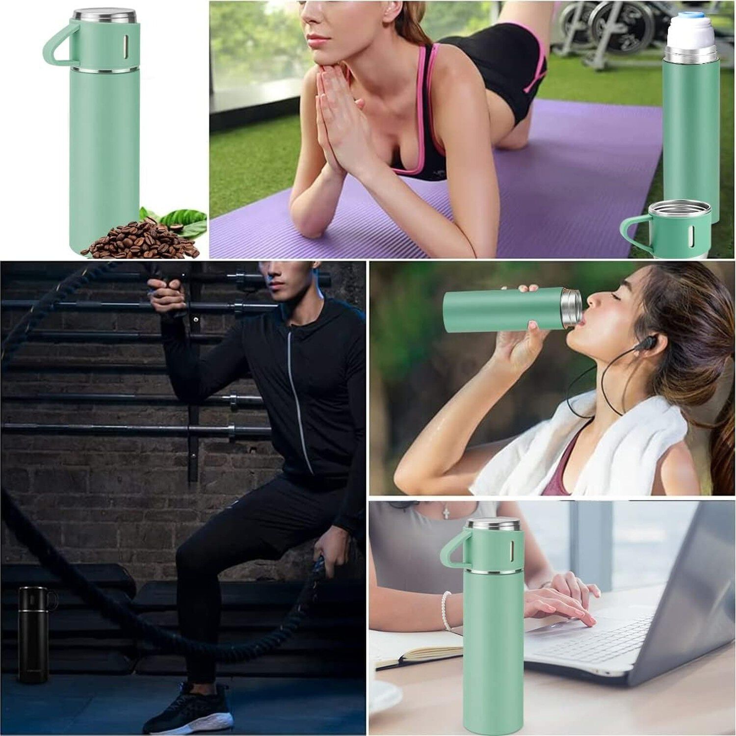 Termo Acero Inox 500ml Verde 3 Tazas Aisladas Caliente Fr&iacute;o image number 6.0
