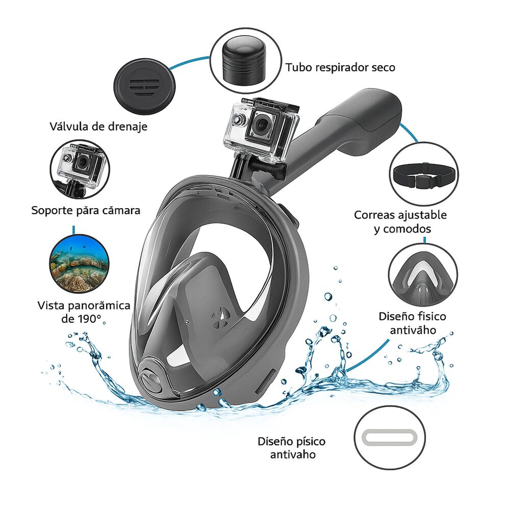 Mascara Snorkel Mascara Buceo Snorkel Fullface Go Pro image number 10.0