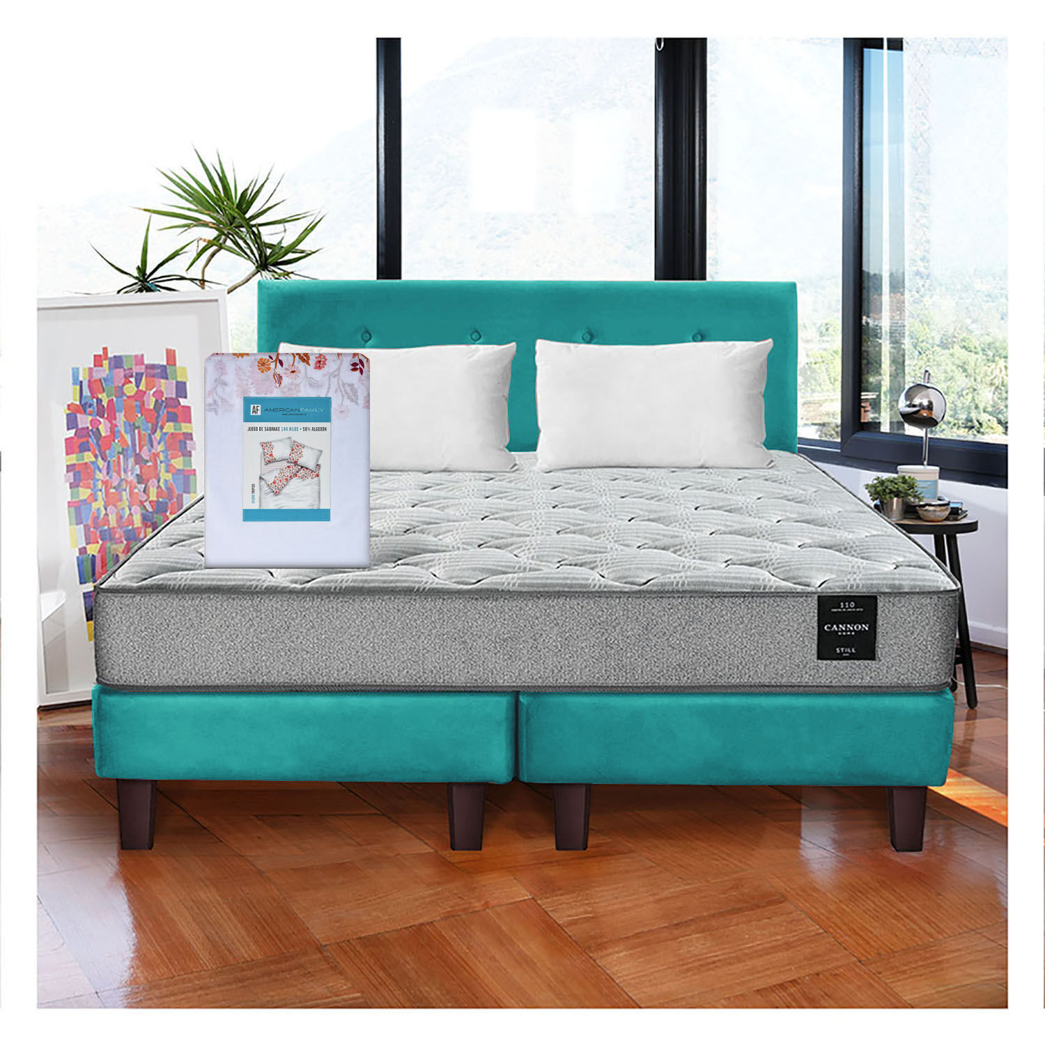 Combo Cama Cannon 2 Plazas Textil + Respaldo Tela Turquesa image number 0.0