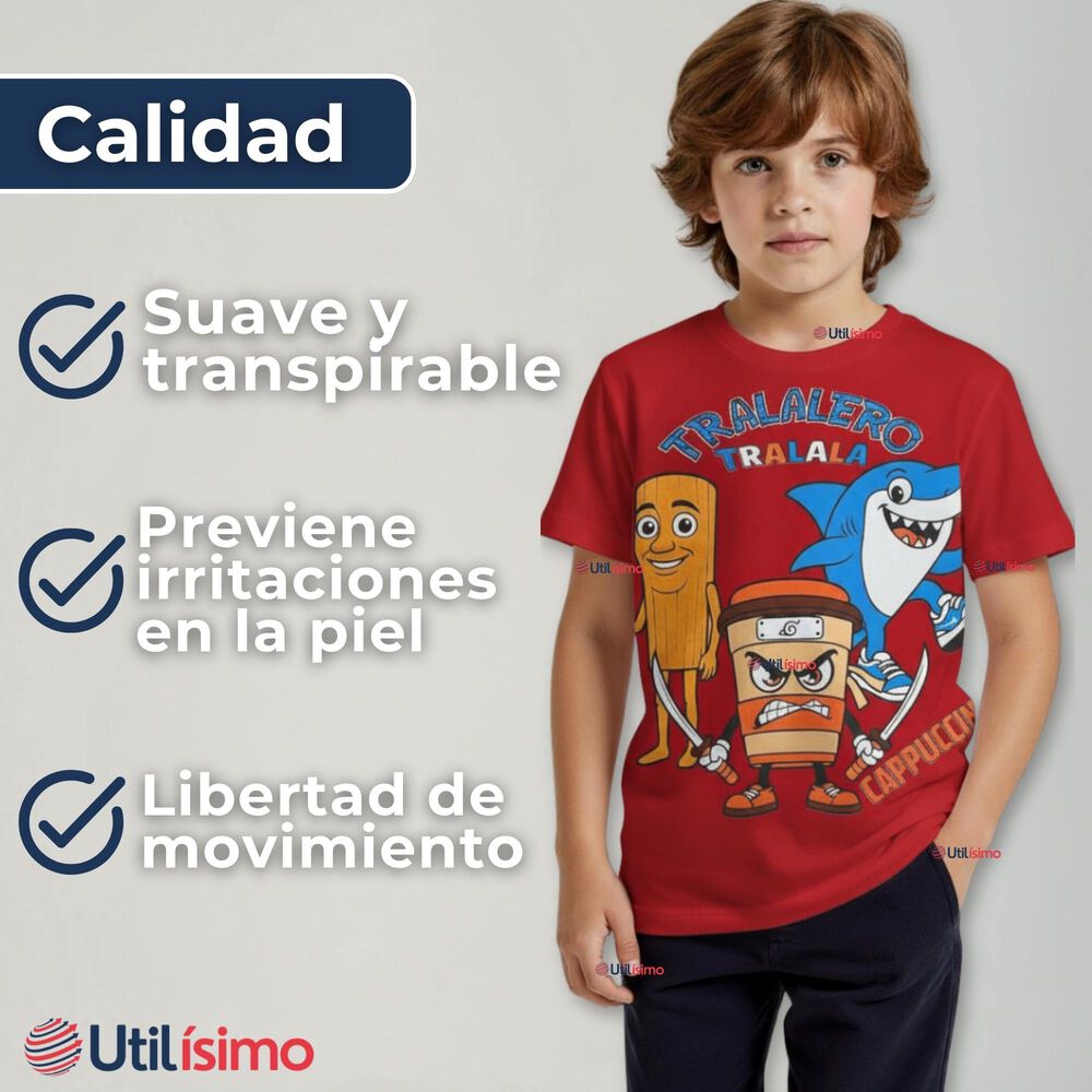 Pack 2 Poleras Brainrots 100% Algodón Manga Corta Niño Tralalero Colores Surtidos image number 4.0