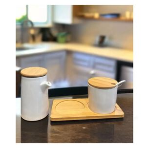 Set 2 Condimenteros Cer&aacute;mica Blanca Tapa Bamb&uacute; Bandeja Cocina