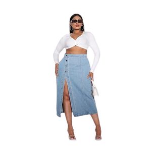 Falda Larga Jeans Mezclilla Botones Delantero Tiro Alto