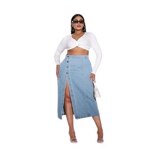 Falda Larga Jeans Mezclilla Botones Delantero Tiro Alto