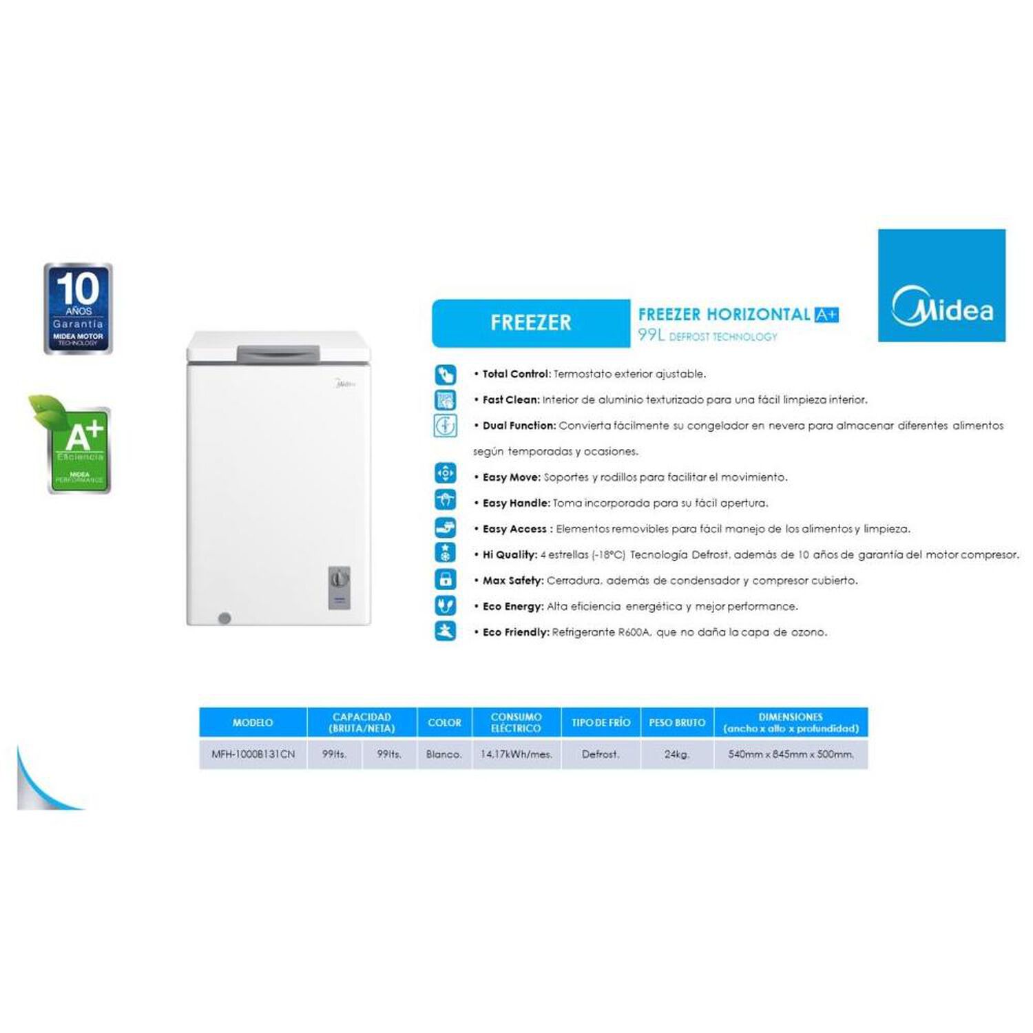 Freezer Horizontal Midea MFH-1000B131CN / Fr&iacute;o Directo / 99 Litros / E image number 3.0