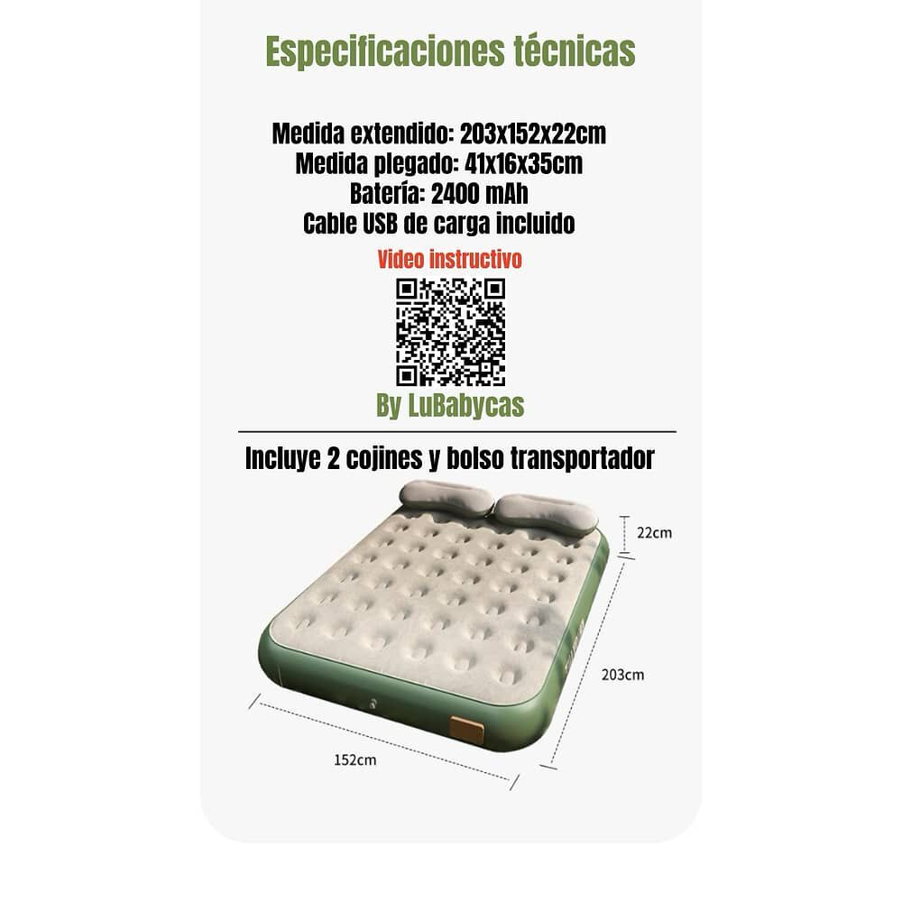 Colch&oacute;n Cama Inflable El&eacute;ctrico Con Coj&iacute;n Bolso 2 Plazas image number 7.0