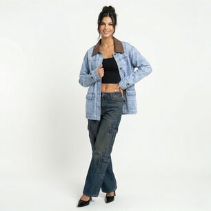Chaqueta Denim Oversize Con Cuello Ecocuero