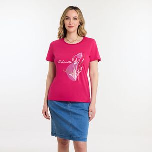 Polera Lisa Estampado Delantero Manga Corta Cuello Redondo Mujer Geeps