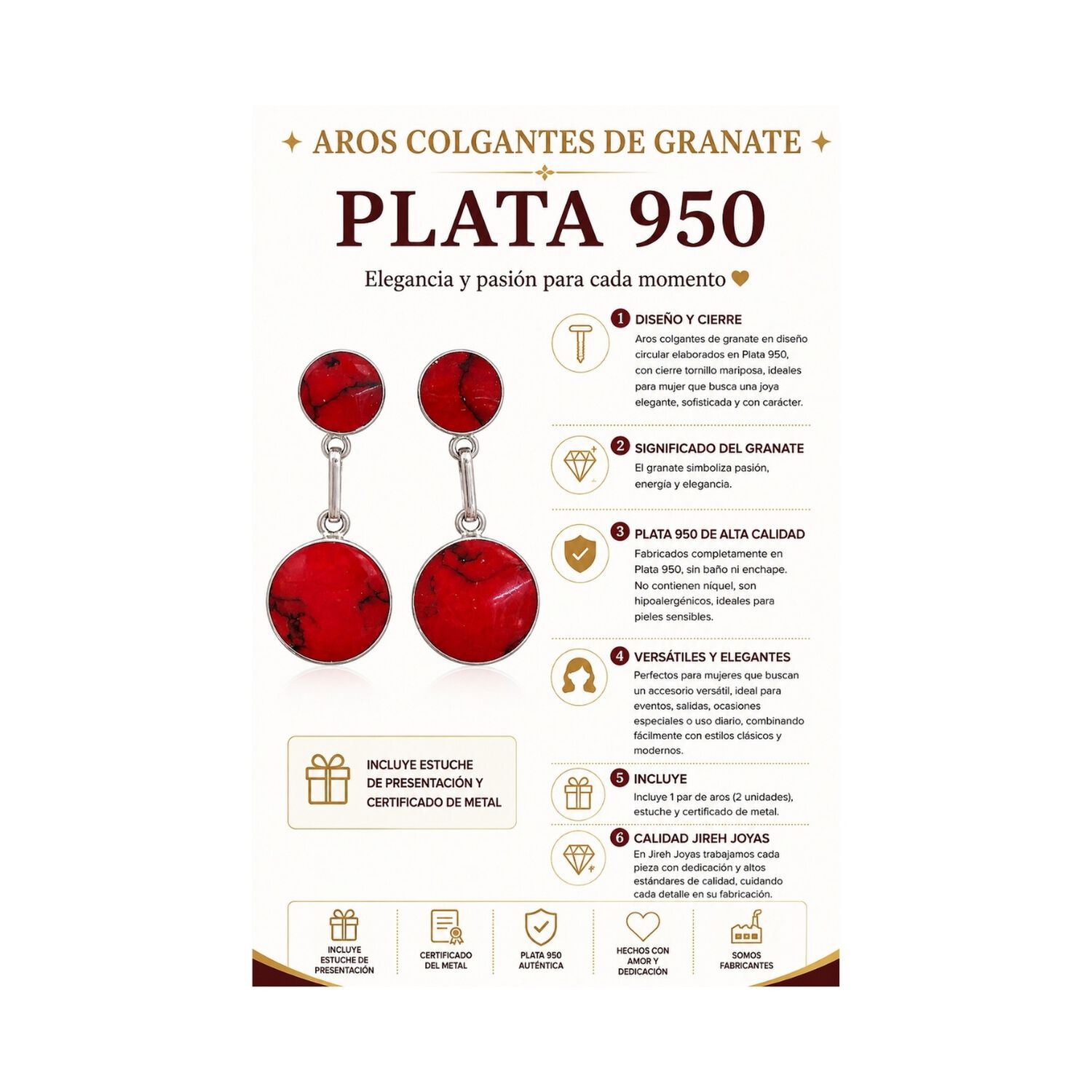 Aros Granate Circular Plata 950 Tornillo Mariposa Colgantes Mujer Elegantes Piedra Roja. image number 3.0