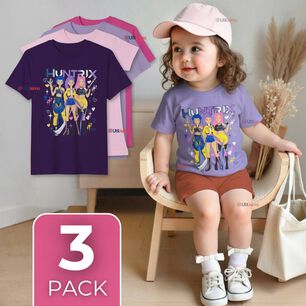 Pack 3 Poleras Huntrix 100% Algod&oacute;n Manga Corta Ni&ntilde;a Huntr/x Demon Hunters Rumi Mira Zoey
