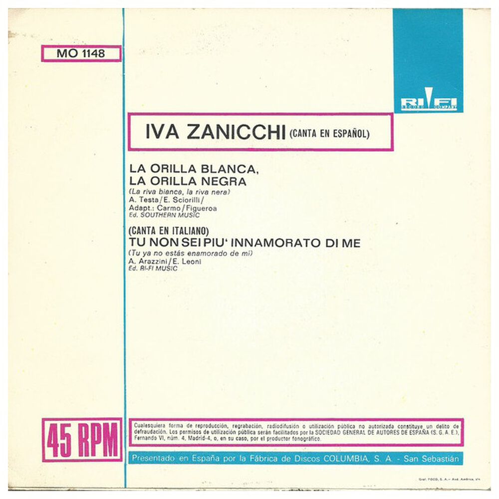 Iva Zanicchi - La Orilla Blanca, La Orilla Negra (en Español) | 7" Single Vinilo Usado image number 1.0