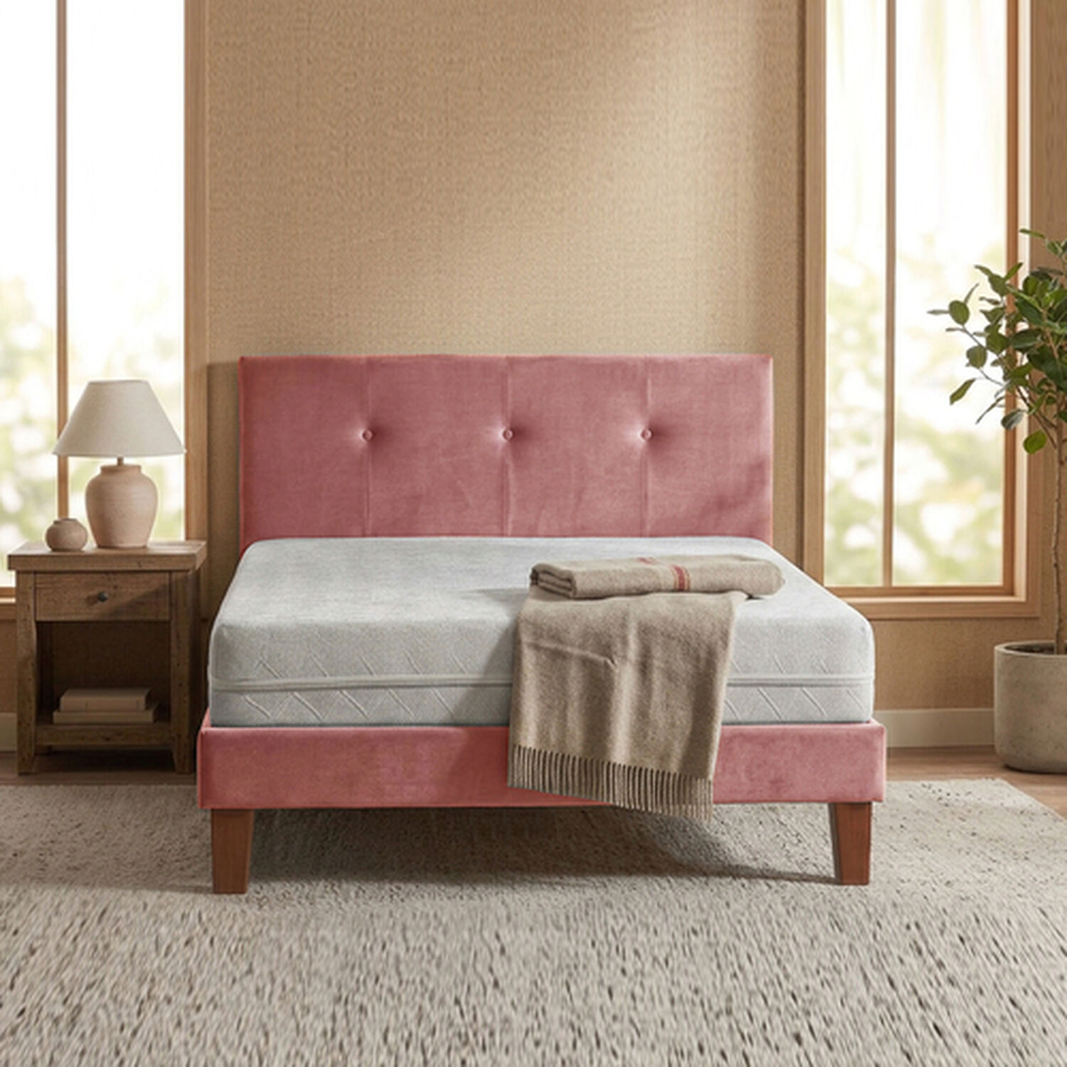 Cama Europea Zen Best 1.5 Plazas Colchon Espuma Con Funda Velvet Palo Rosa + Respaldo image number 1.0