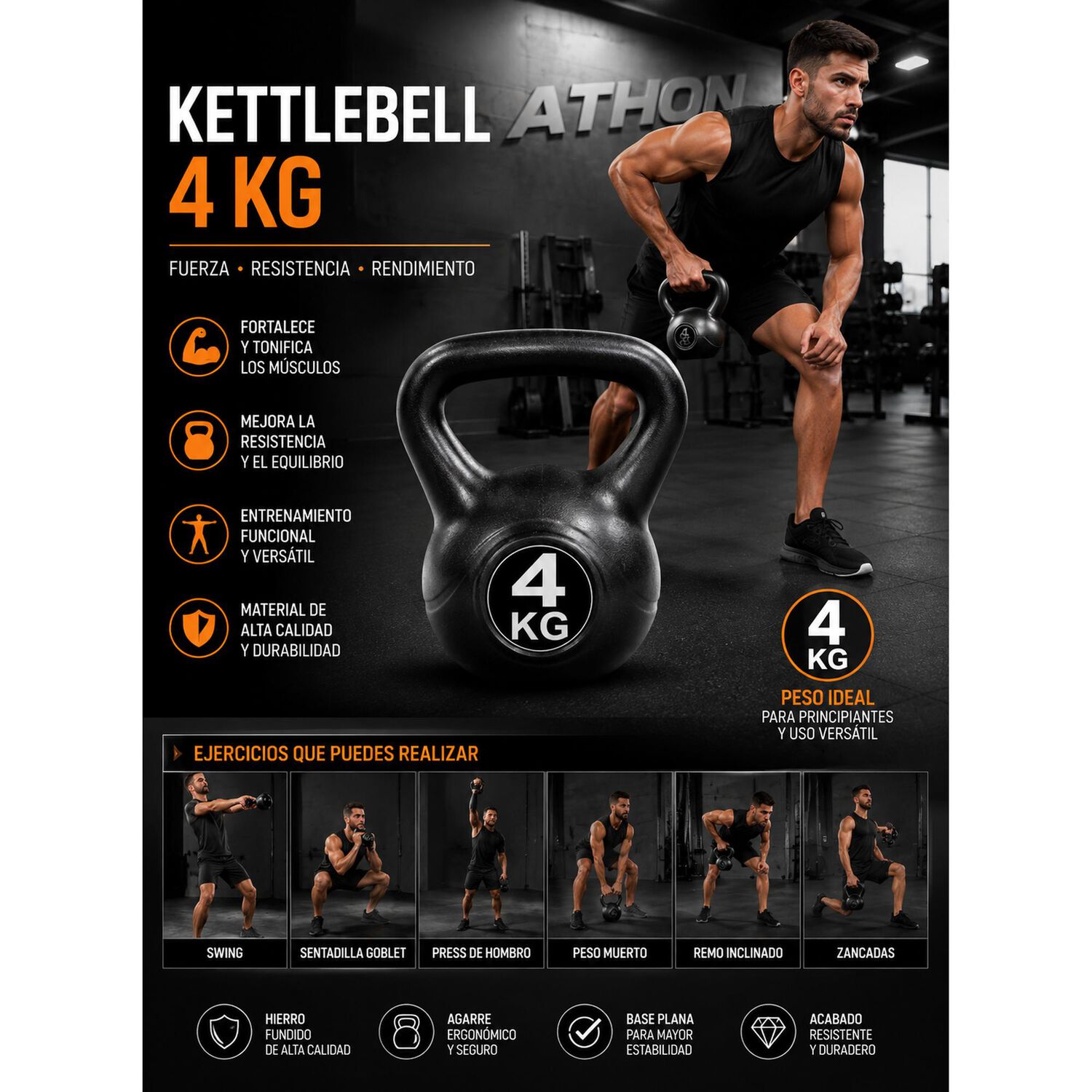 Pesa Rusa Kettlebell 4kg Entrenamientocrossfit Fitness Negro image number 7.0