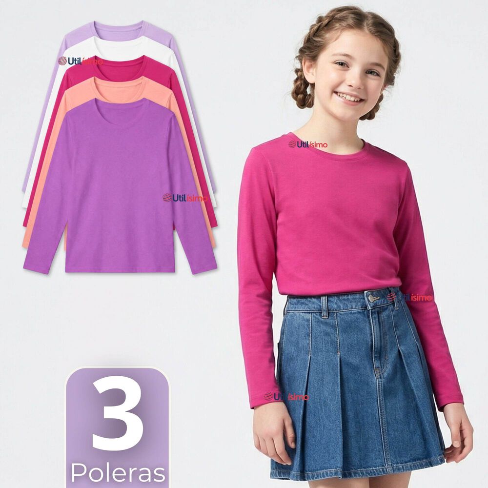 Pack 3 Poleras Camisetas Polar Primera Capa Cuello Redondo Manga Larga Colores Surtido Ni&ntilde;a image number 0.0