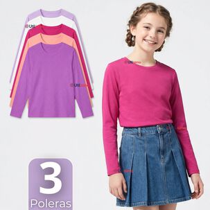 Pack 3 Poleras Camisetas Polar Primera Capa Cuello Redondo Manga Larga Colores Surtido Ni&ntilde;a