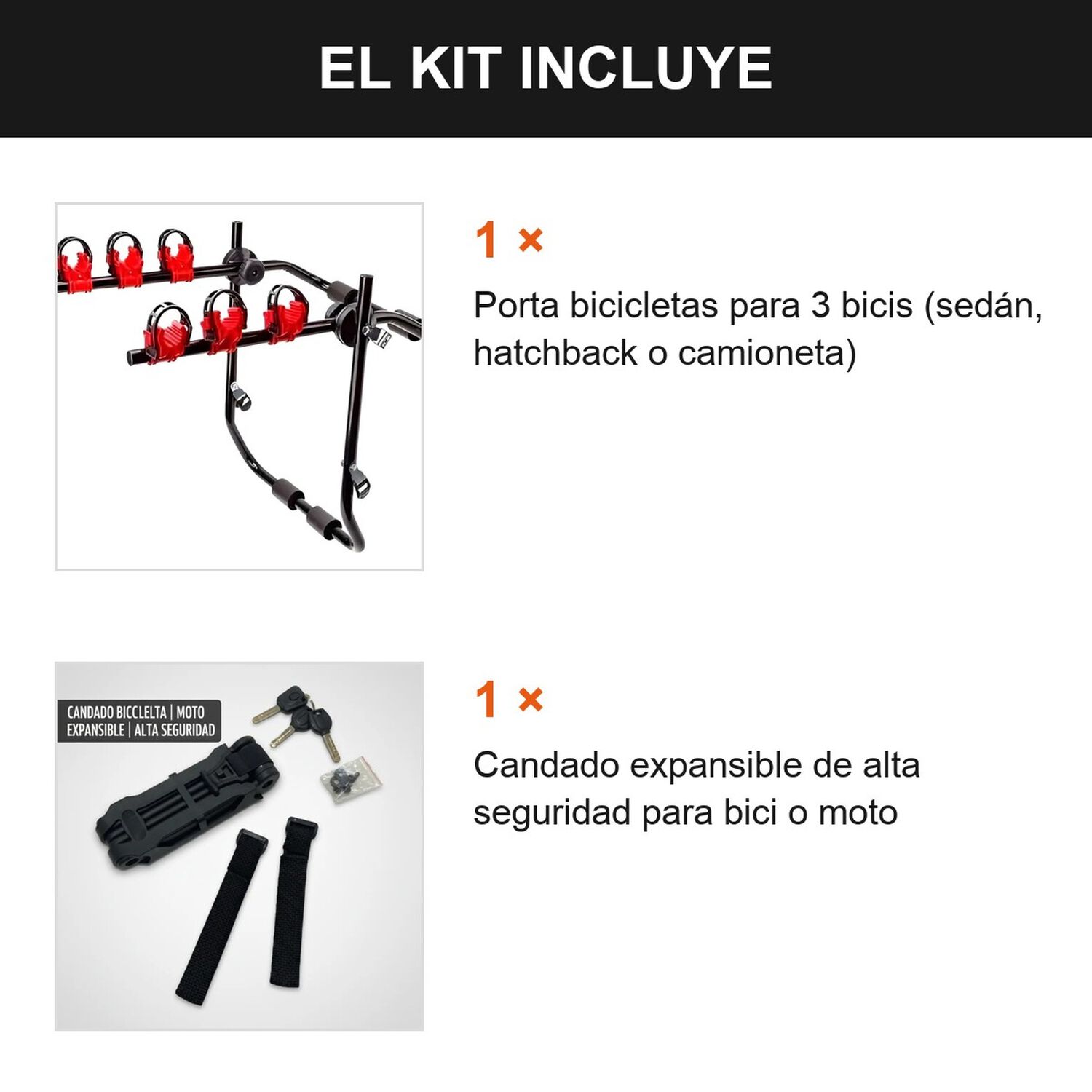 Kit Porta Bicicletas 3 Soportes + Candado Expansible Negro image number 1.0