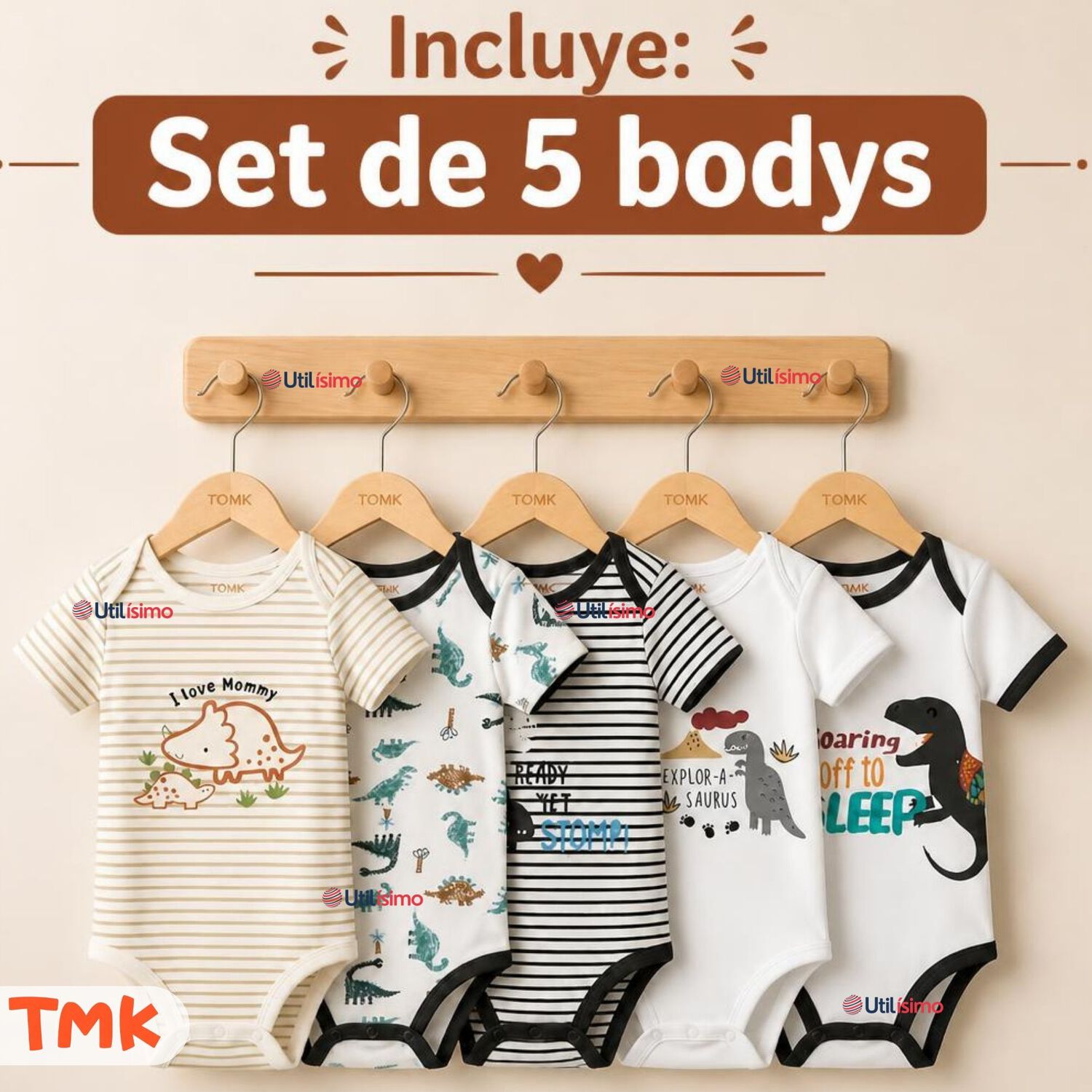 Pack 5 Bodys Manga Corta 100% Algod&oacute;n Tedmimak Ni&ntilde;o Dino Explorer image number 1.0