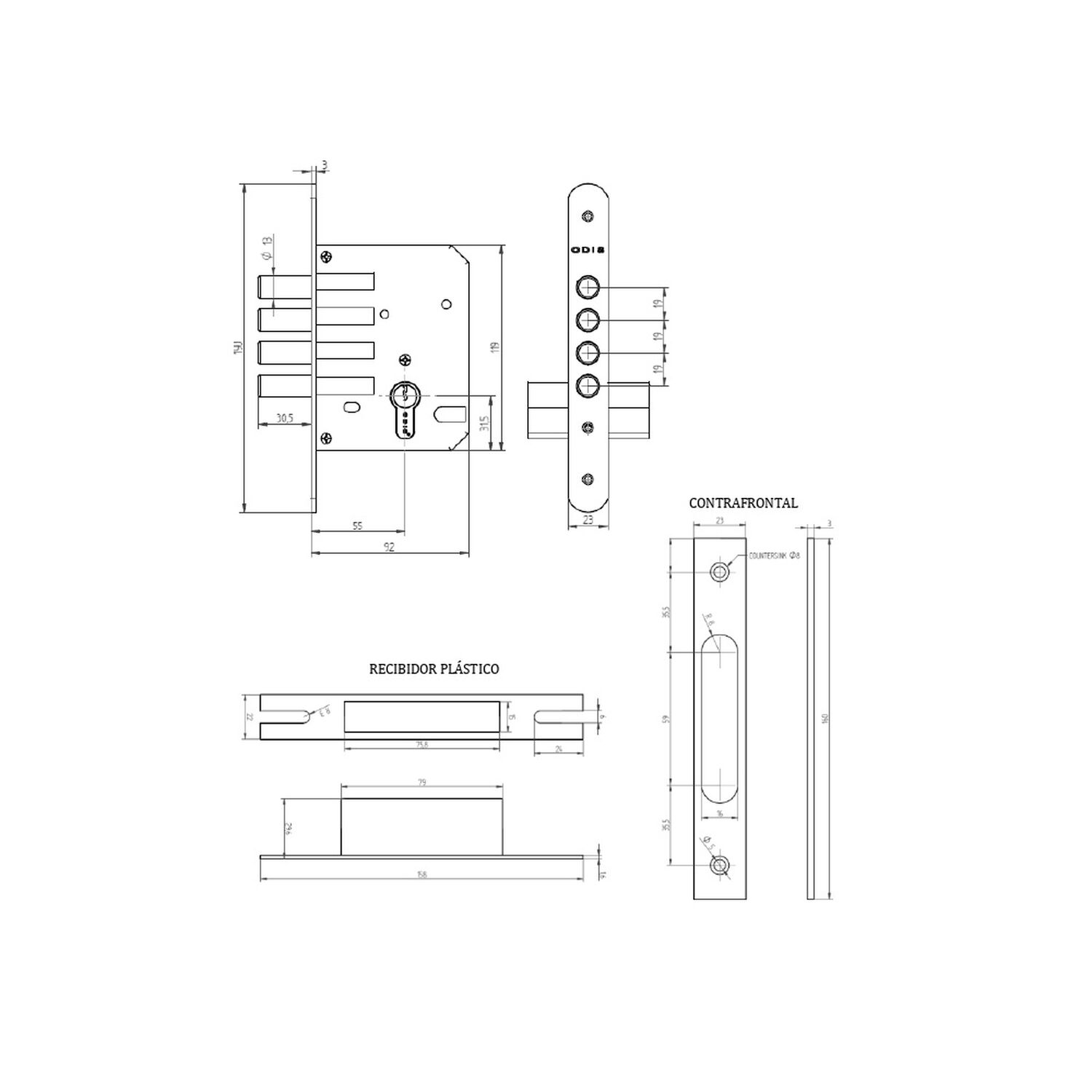 Cerrojo Embutir Odis 600 Llave-llave - Negro image number 8.0